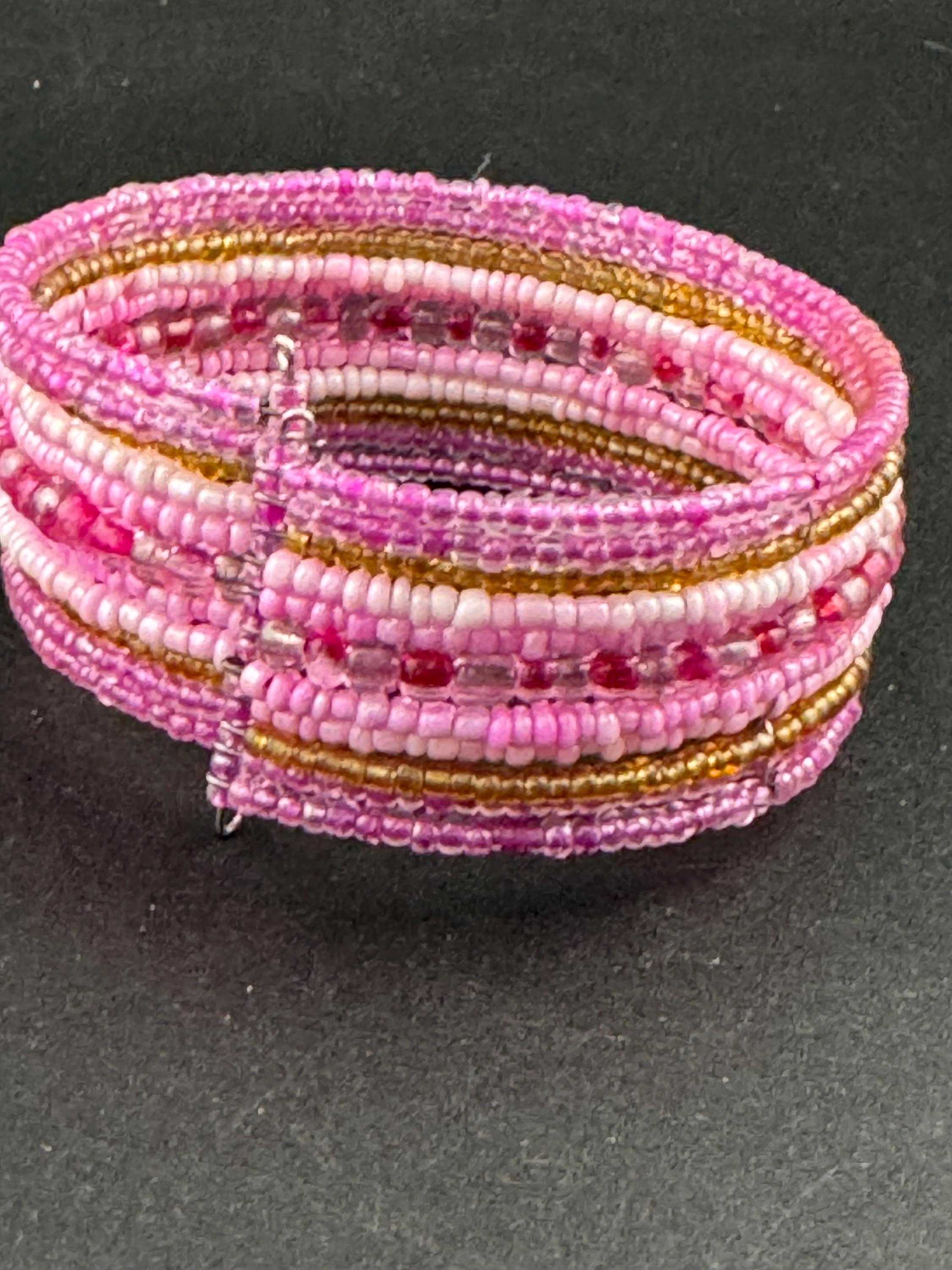 Retro PINK wide glass beaded wide wrap round adjustable bangle bracelets, boho festival vibes