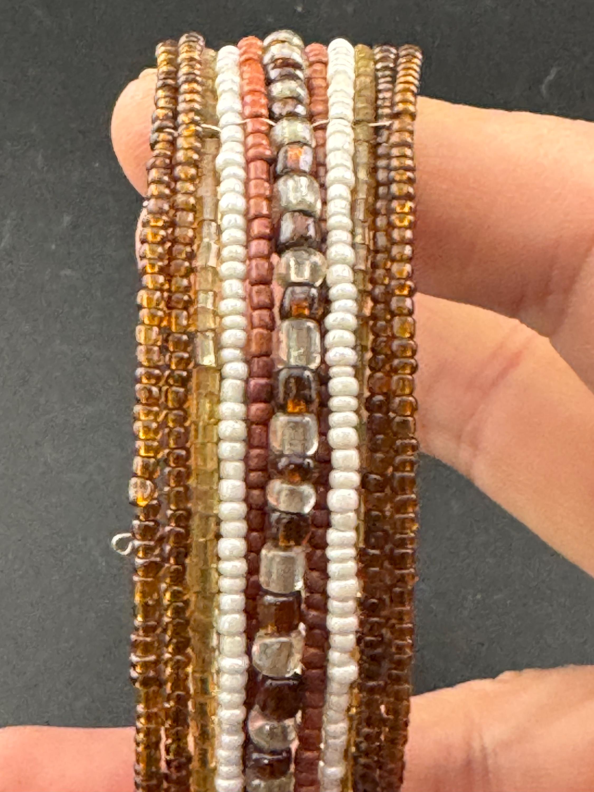 Retro BROWN wide glass beaded wide wrap round adjustable bangle bracelets, boho festival vibes