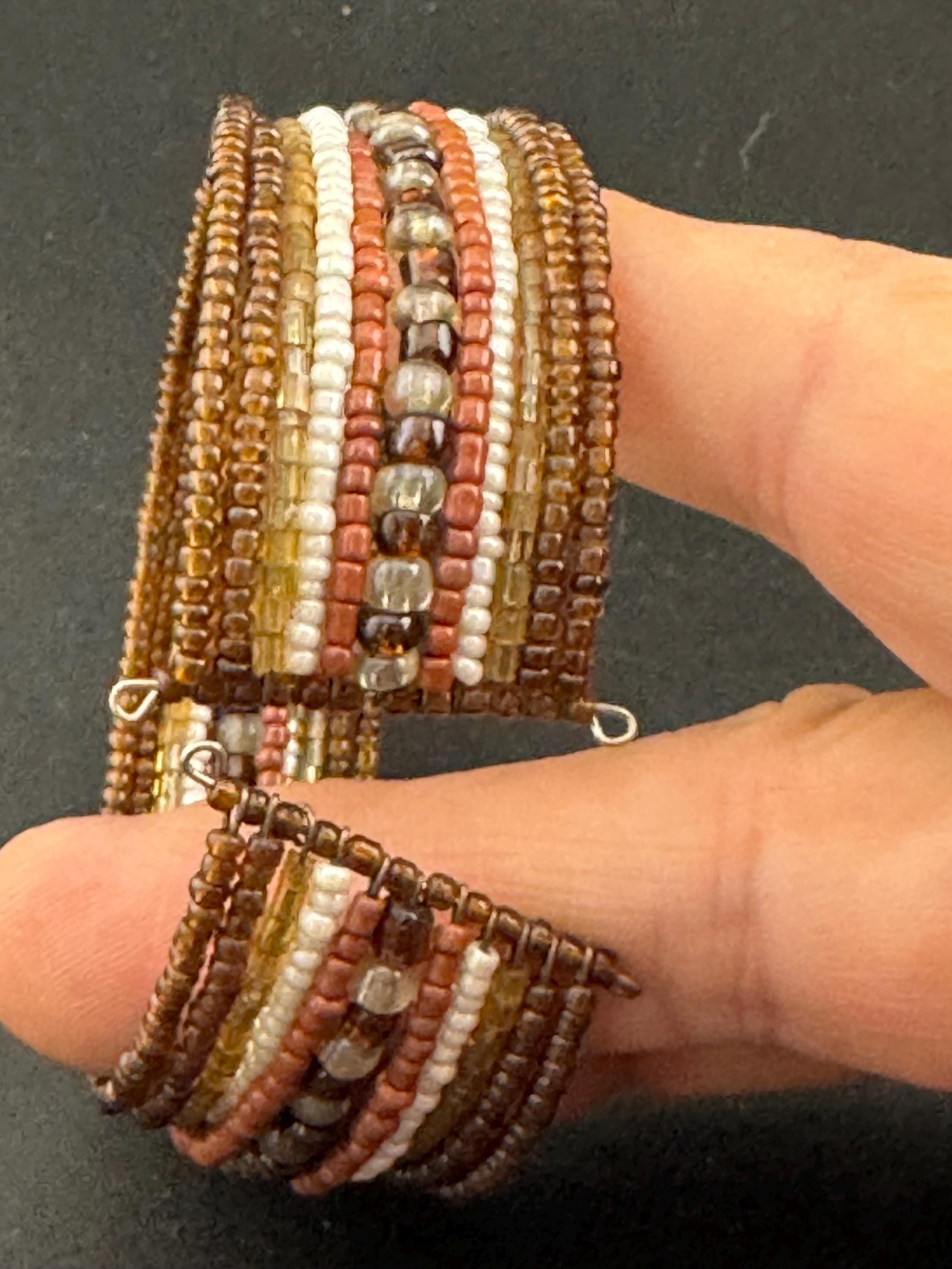 Retro BROWN wide glass beaded wide wrap round adjustable bangle bracelets, boho festival vibes