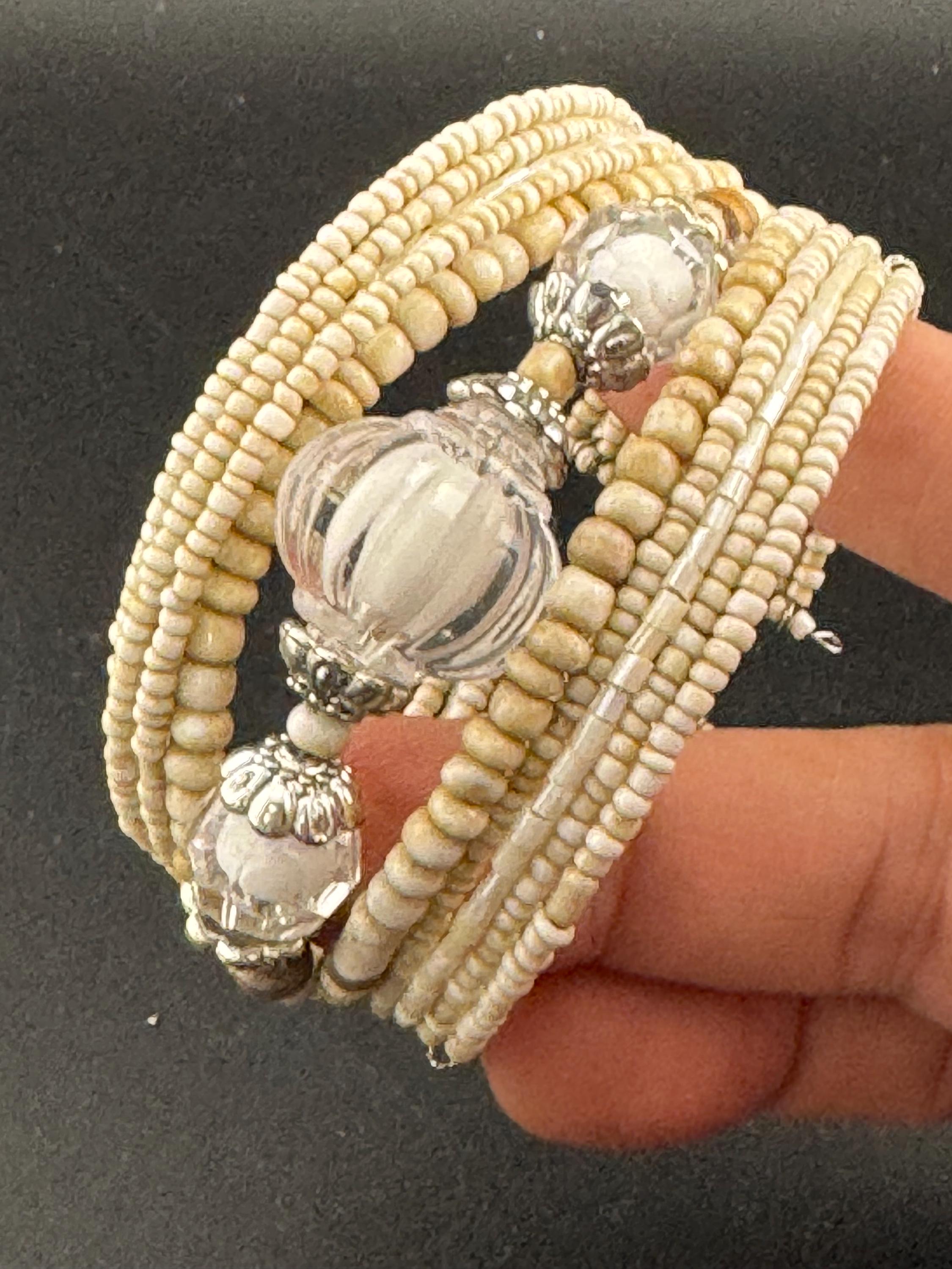 Retro Cream Beaded Bangle Bracelet: Wide Wrap Boho Style