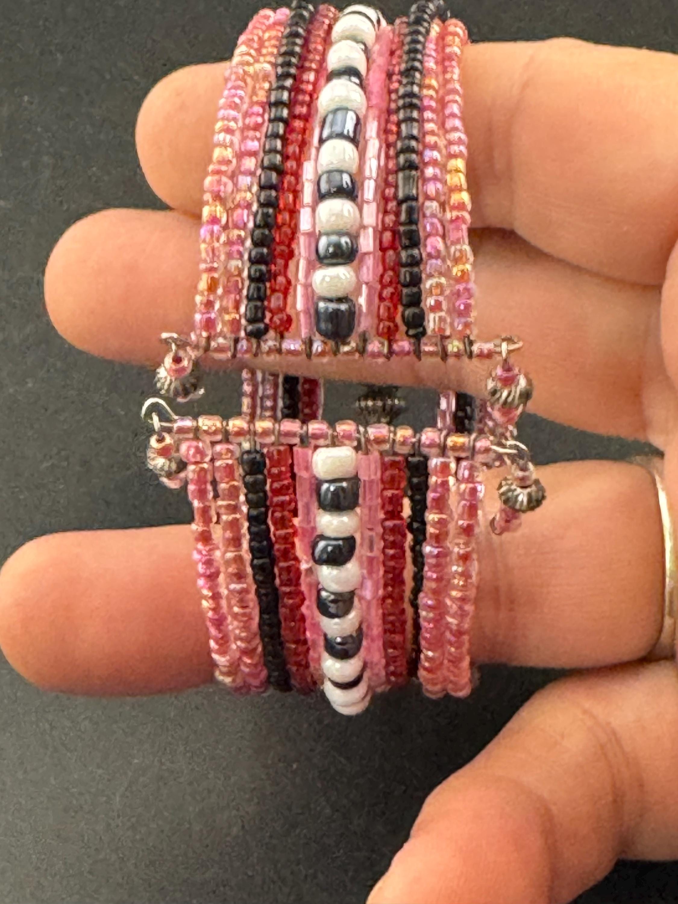 Retro Pink silver beaded wide glass bead wide wrap round adjustable bangle bracelets, boho festival vibes