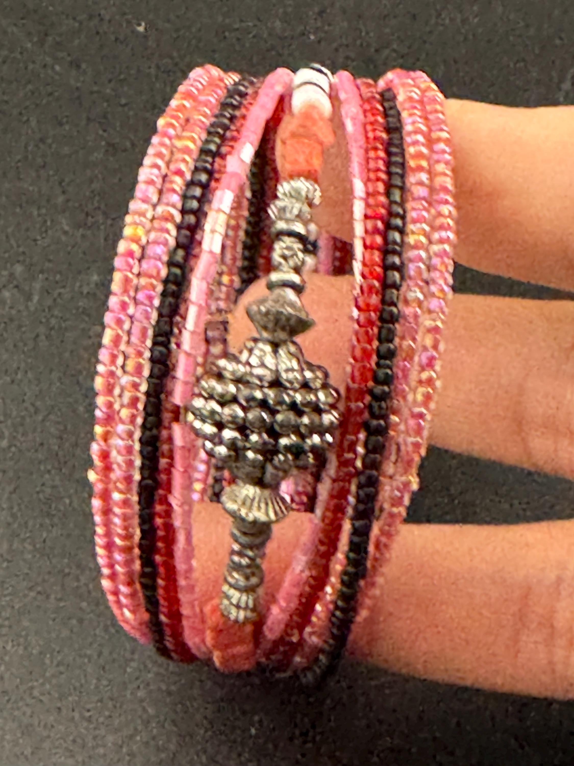 Retro Pink silver beaded wide glass bead wide wrap round adjustable bangle bracelets, boho festival vibes