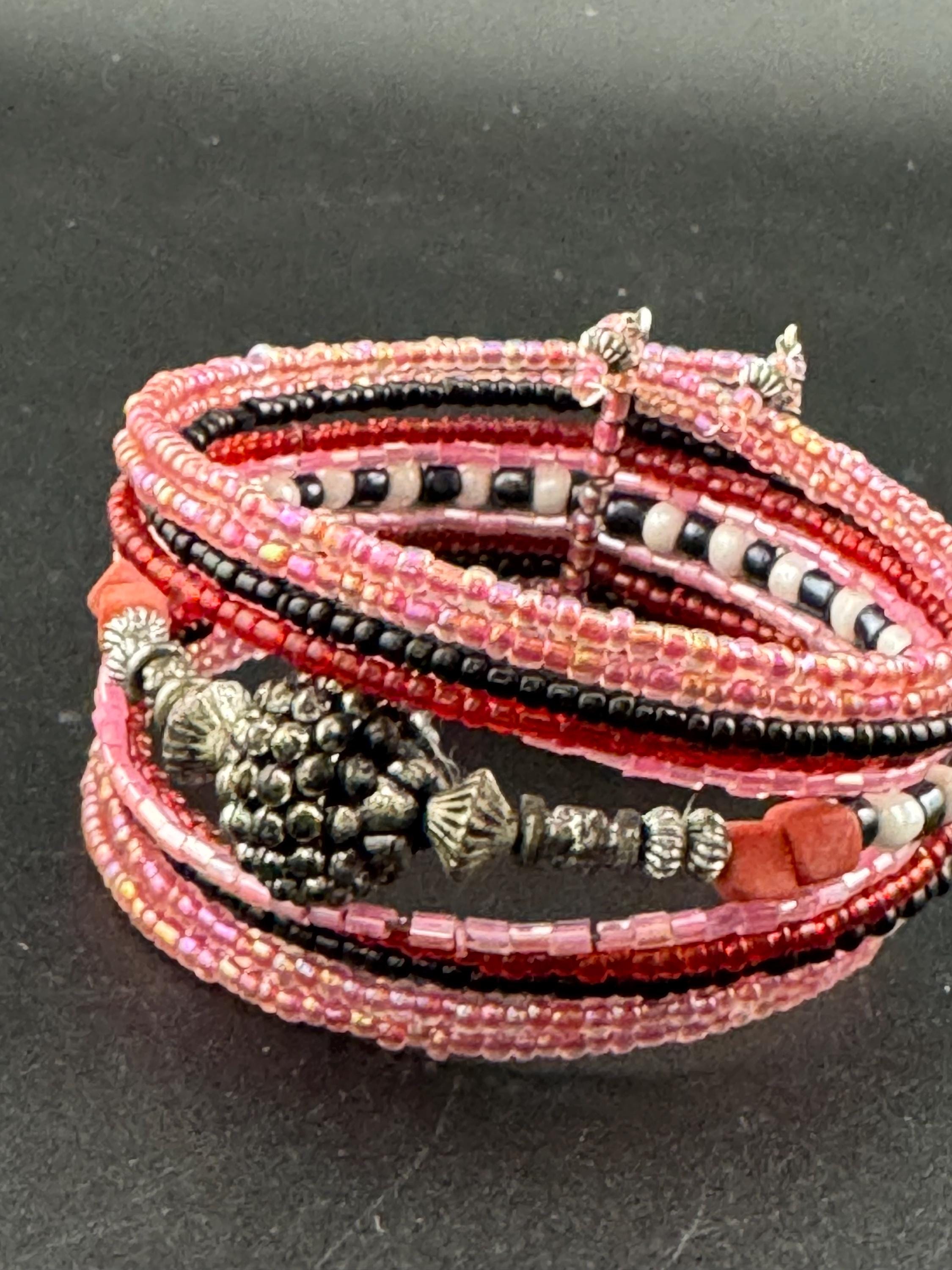 Retro Pink silver beaded wide glass bead wide wrap round adjustable bangle bracelets, boho festival vibes