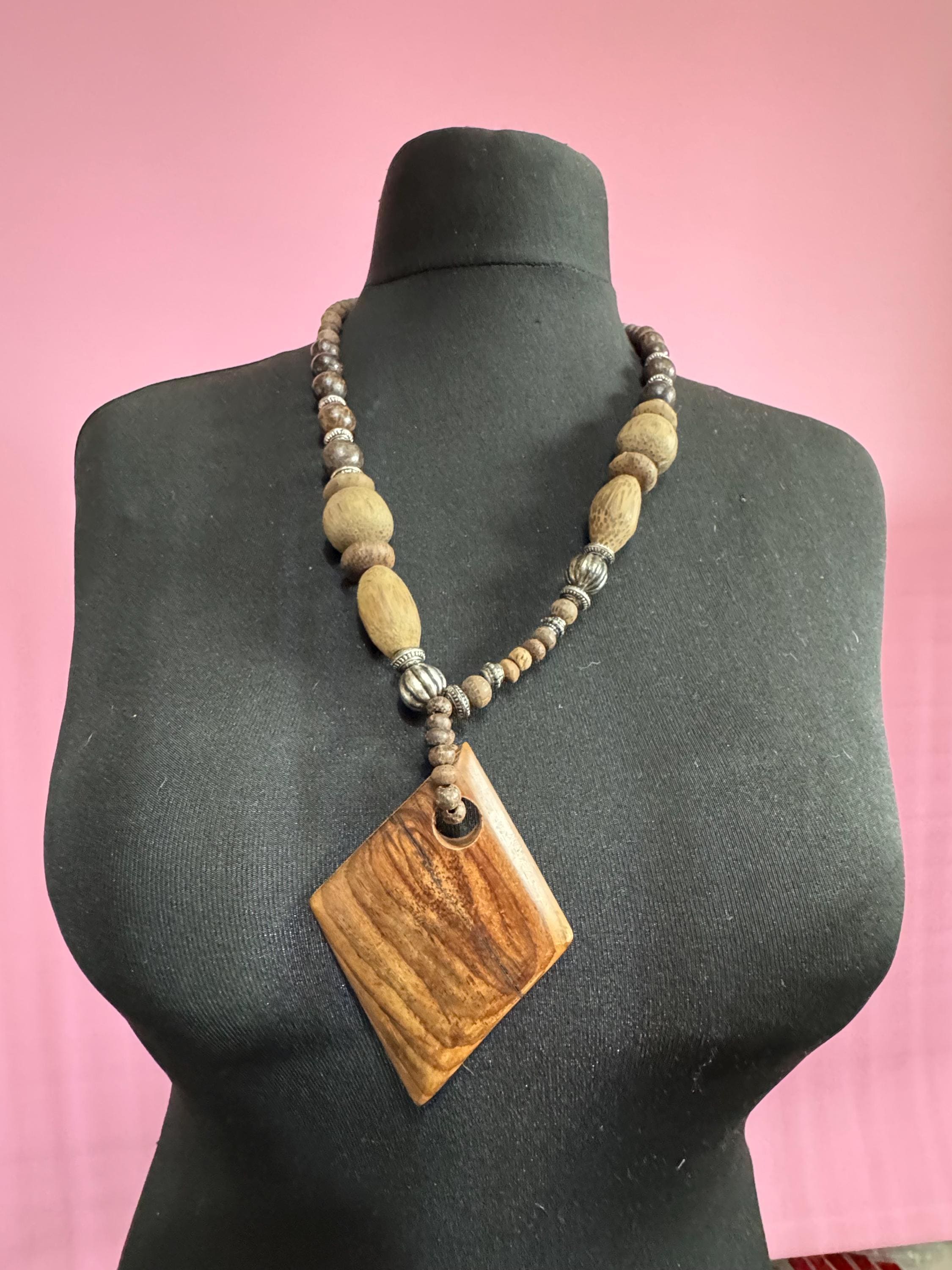 long vintage dark brown natural wooden beaded pendant necklace boho festival jewellery