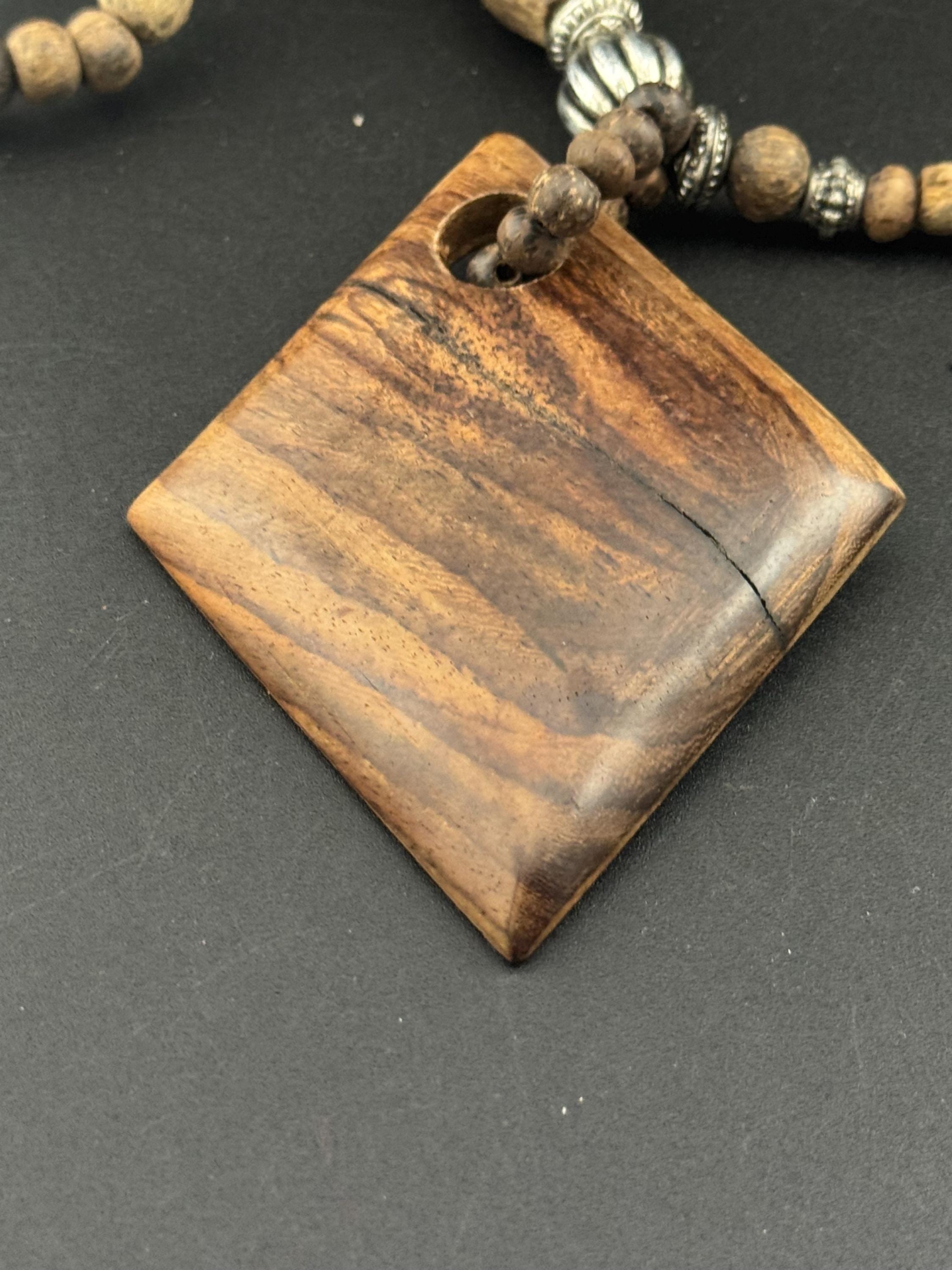 long vintage dark brown natural wooden beaded pendant necklace boho festival jewellery