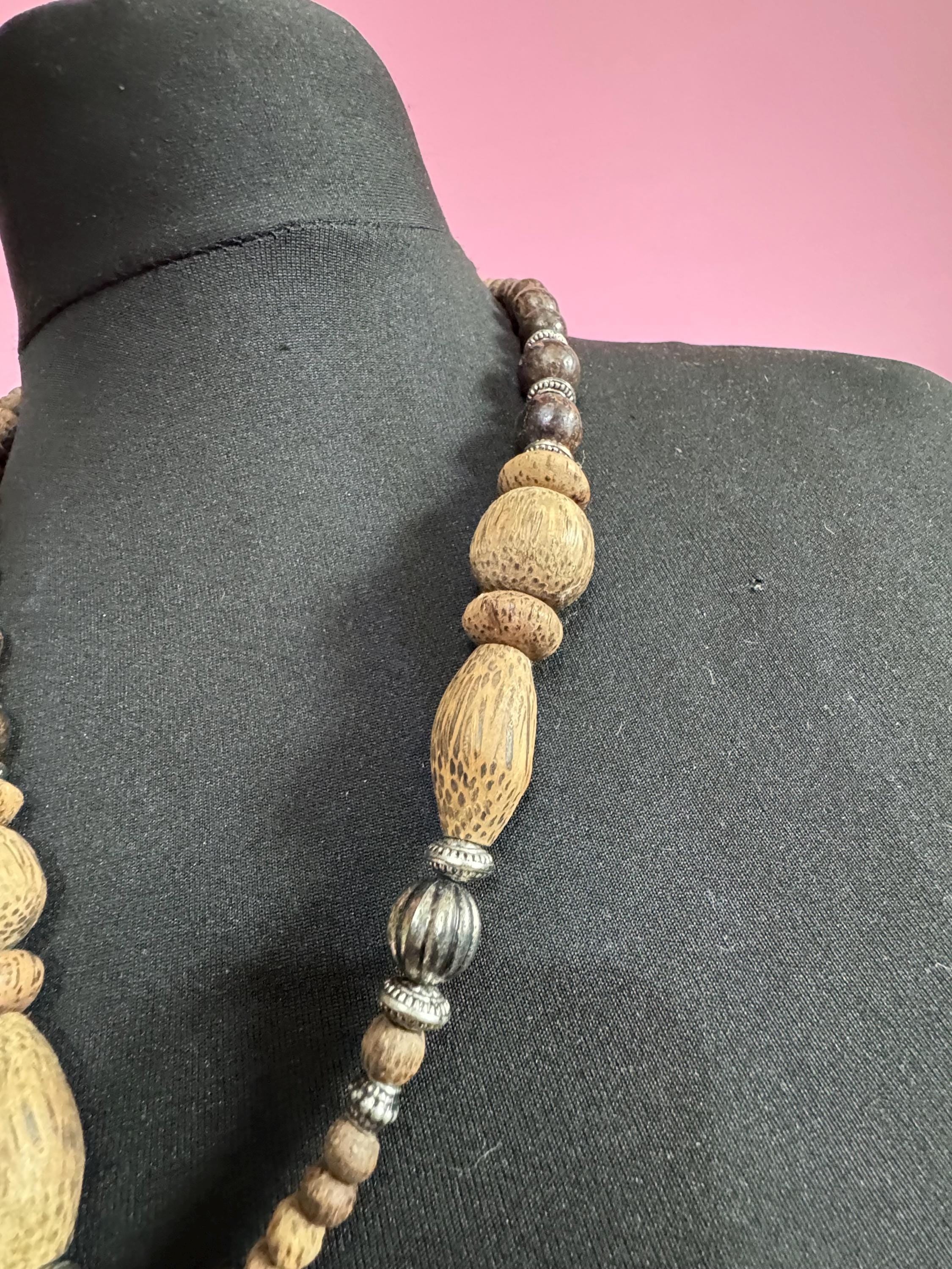 long vintage dark brown natural wooden beaded pendant necklace boho festival jewellery