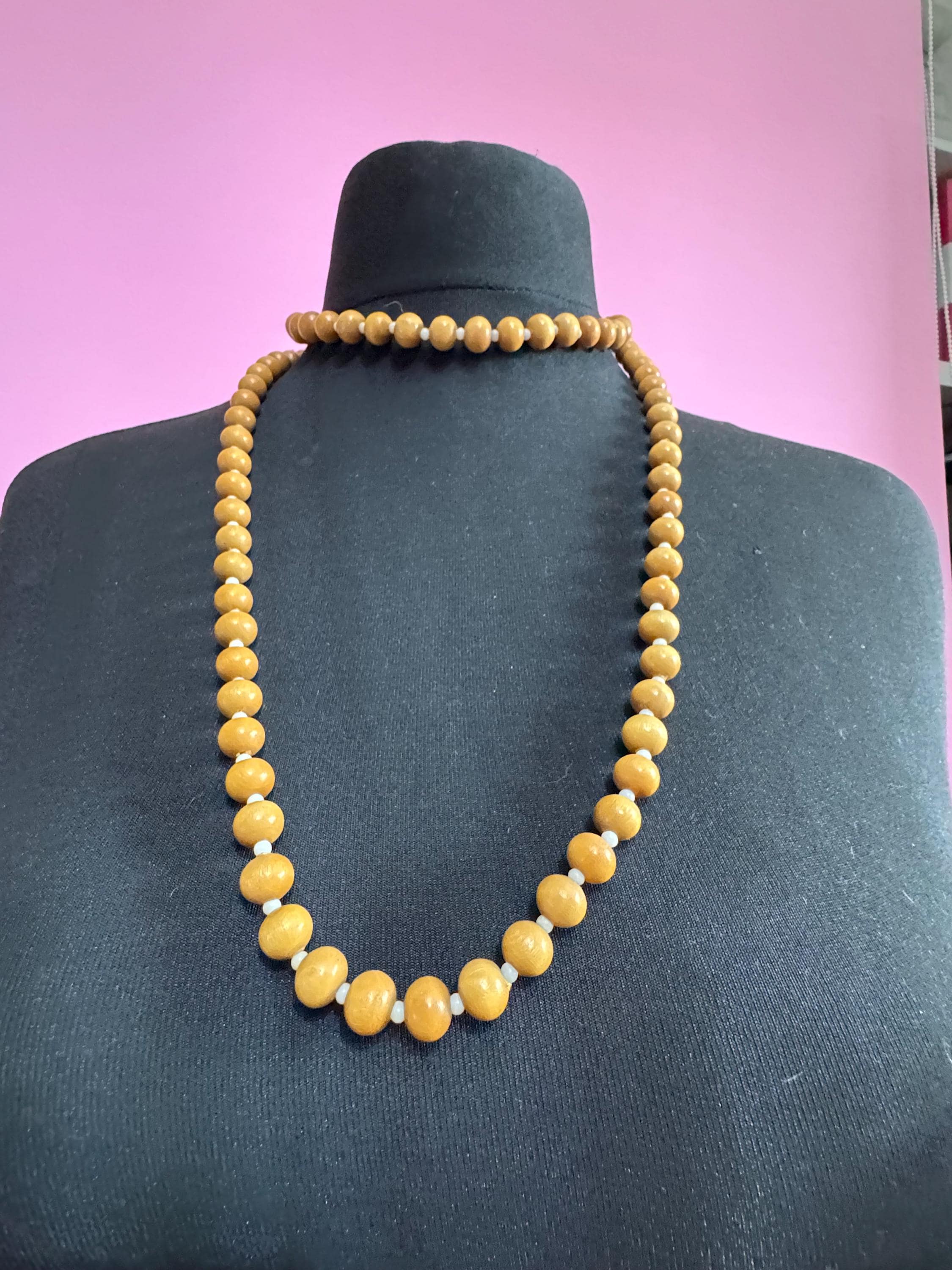 long vintage light brown wooden natural round beaded layering necklace boho festival jewellery