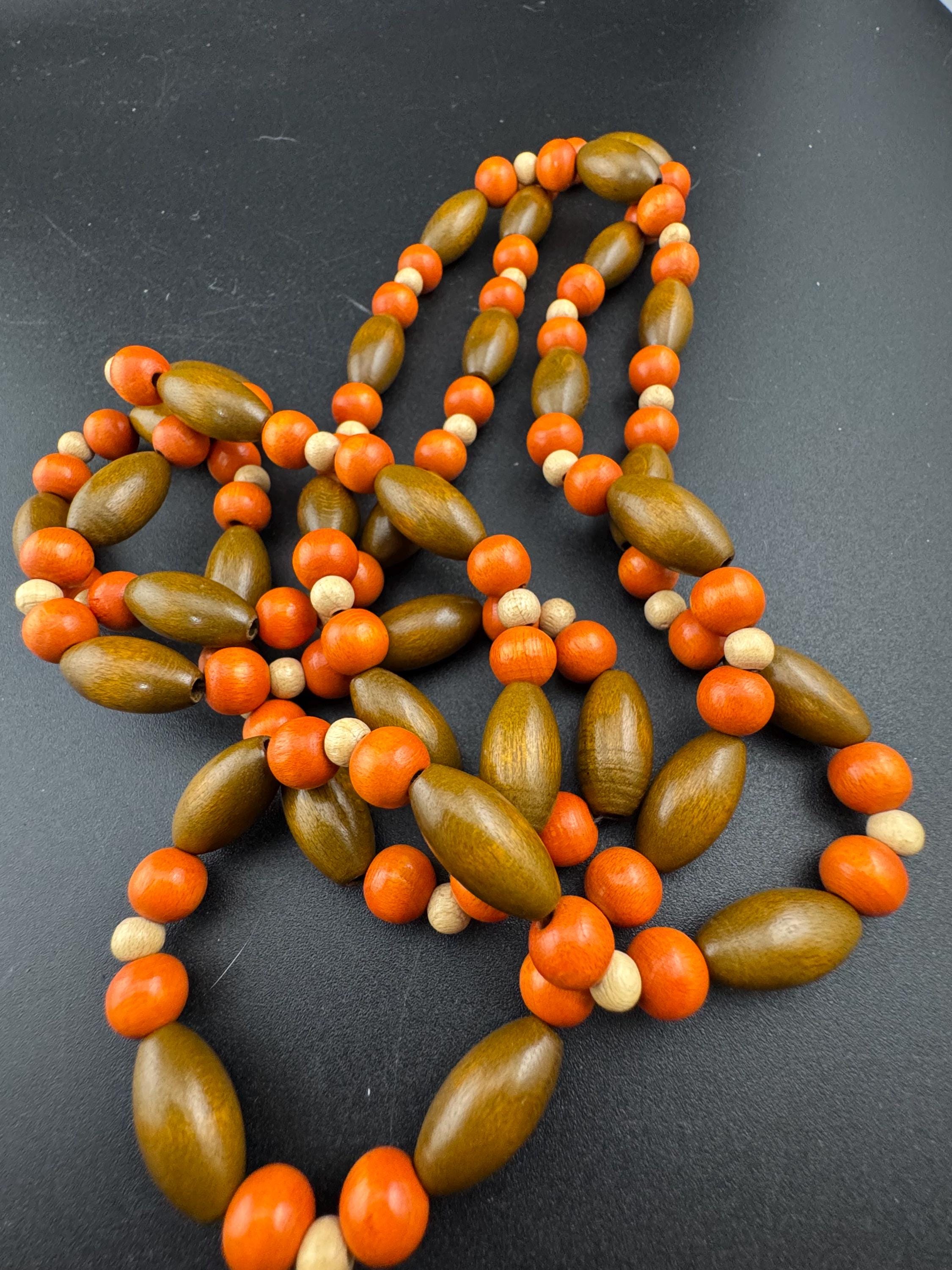 long vintage light brown and orange wooden natural round beaded layering necklace boho festival jewellery