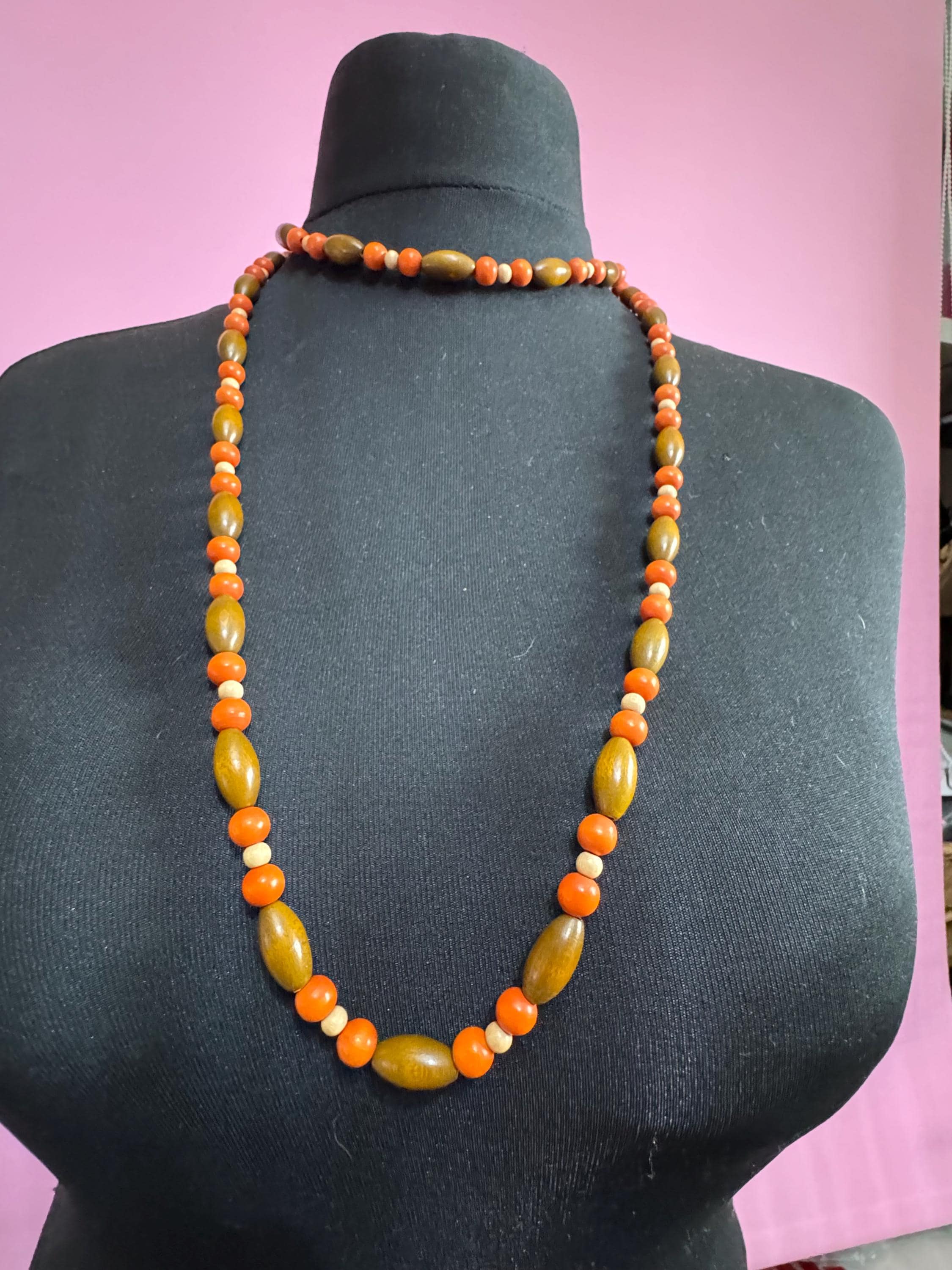 long vintage light brown and orange wooden natural round beaded layering necklace boho festival jewellery