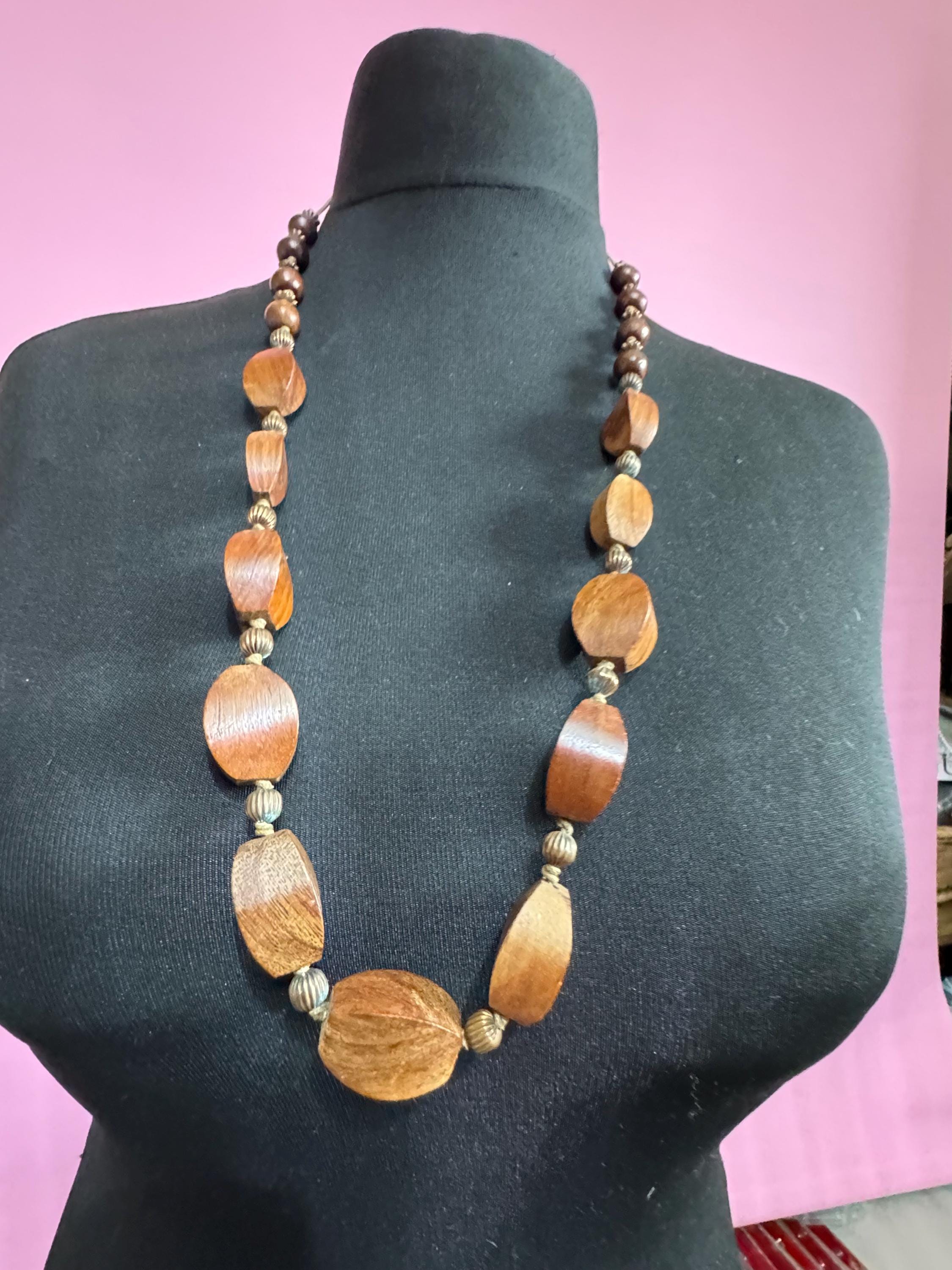 long vintage dark brown natural wooden beaded necklace boho festival jewellery
