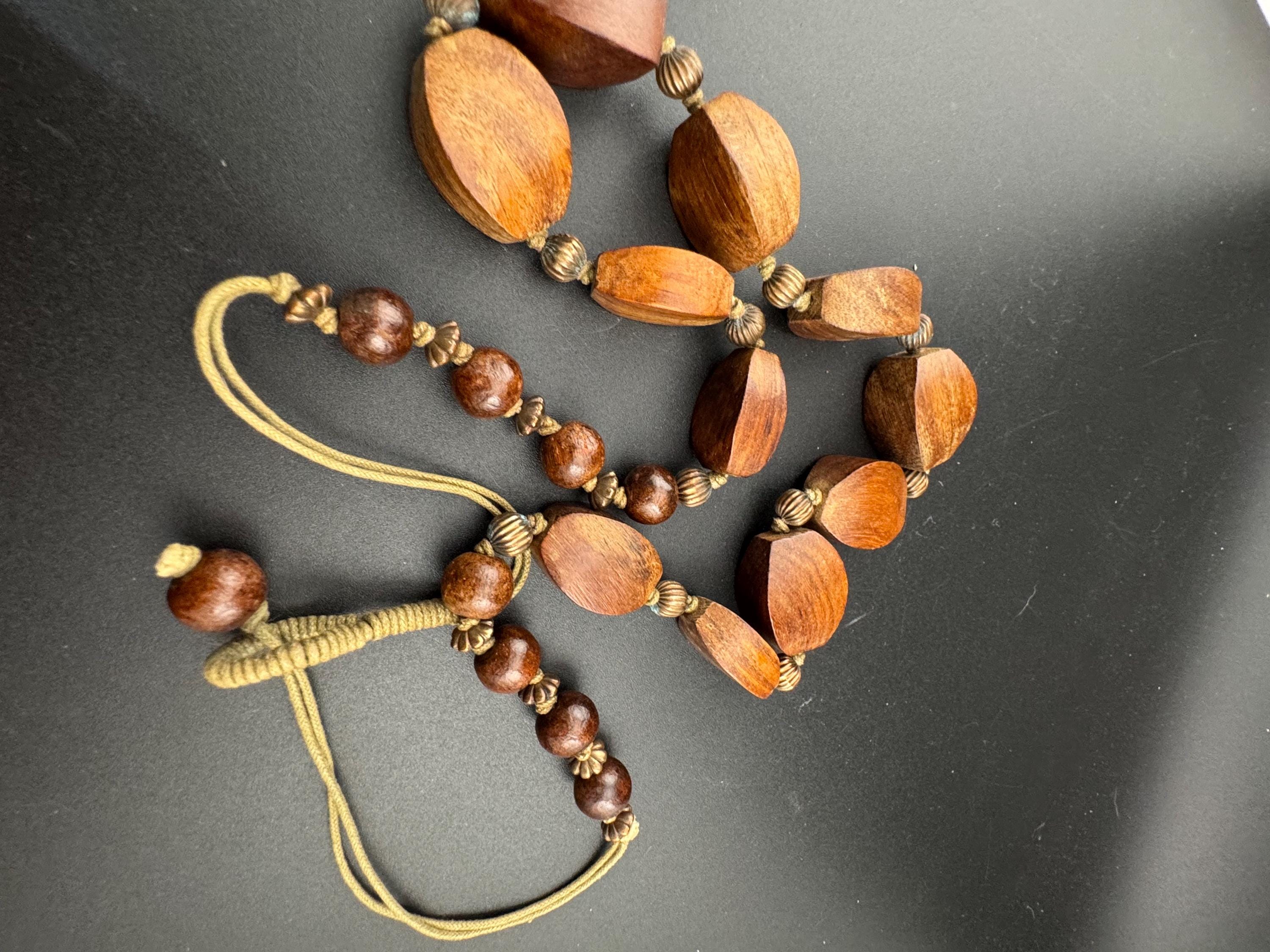 long vintage dark brown natural wooden beaded necklace boho festival jewellery