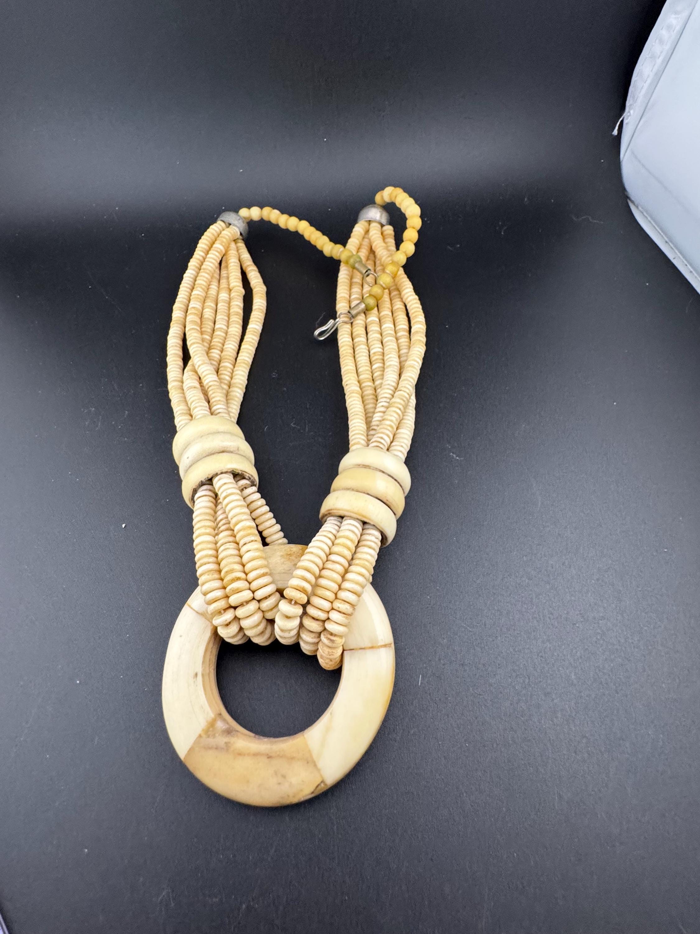 Vintage wide chunky choker beaded pendant necklace, tribal African cream faux bone or ivorine