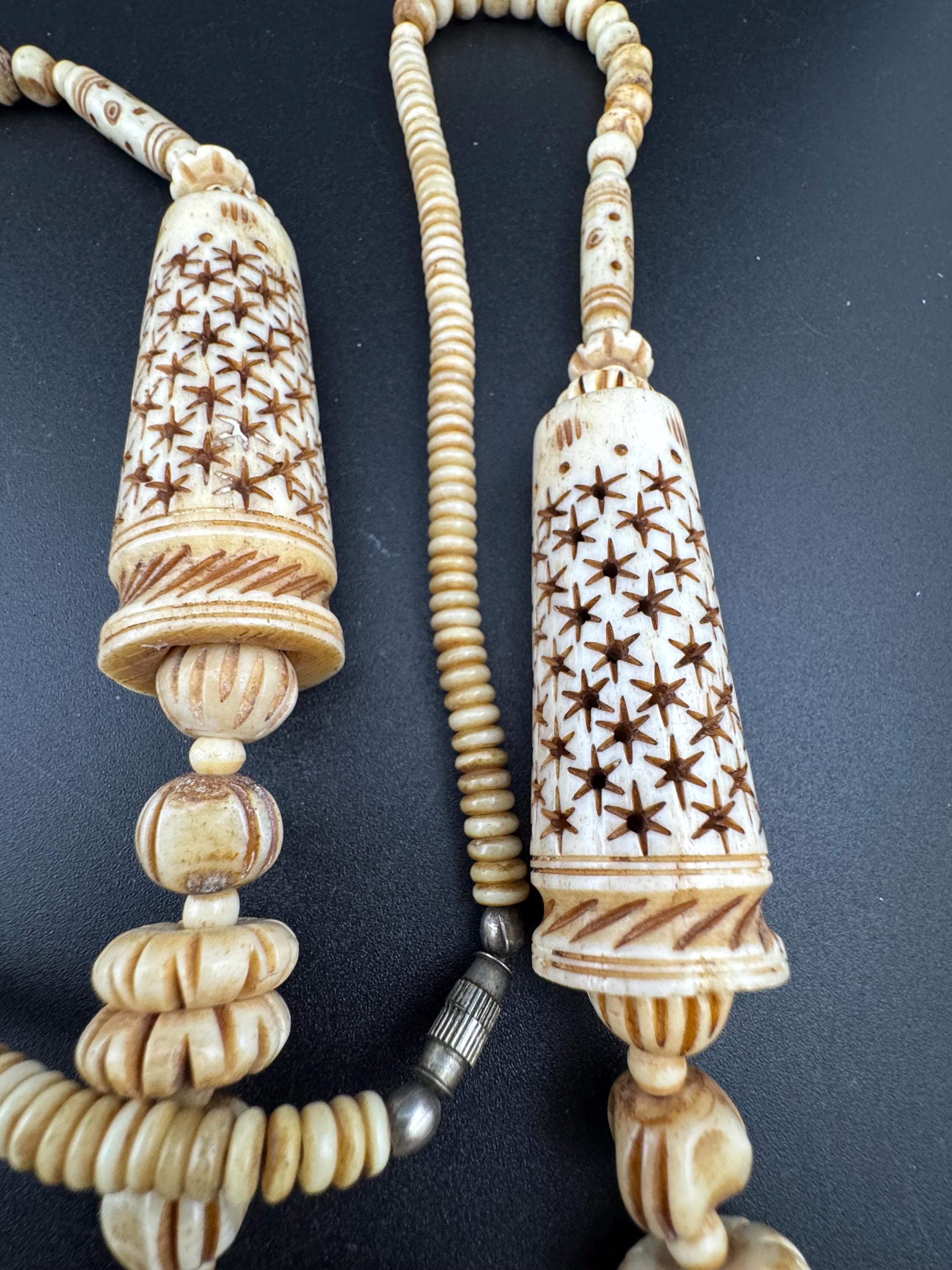 Vintage wide chunky carved stars, beaded pendant necklace, tribal African cream faux bone or ivorine