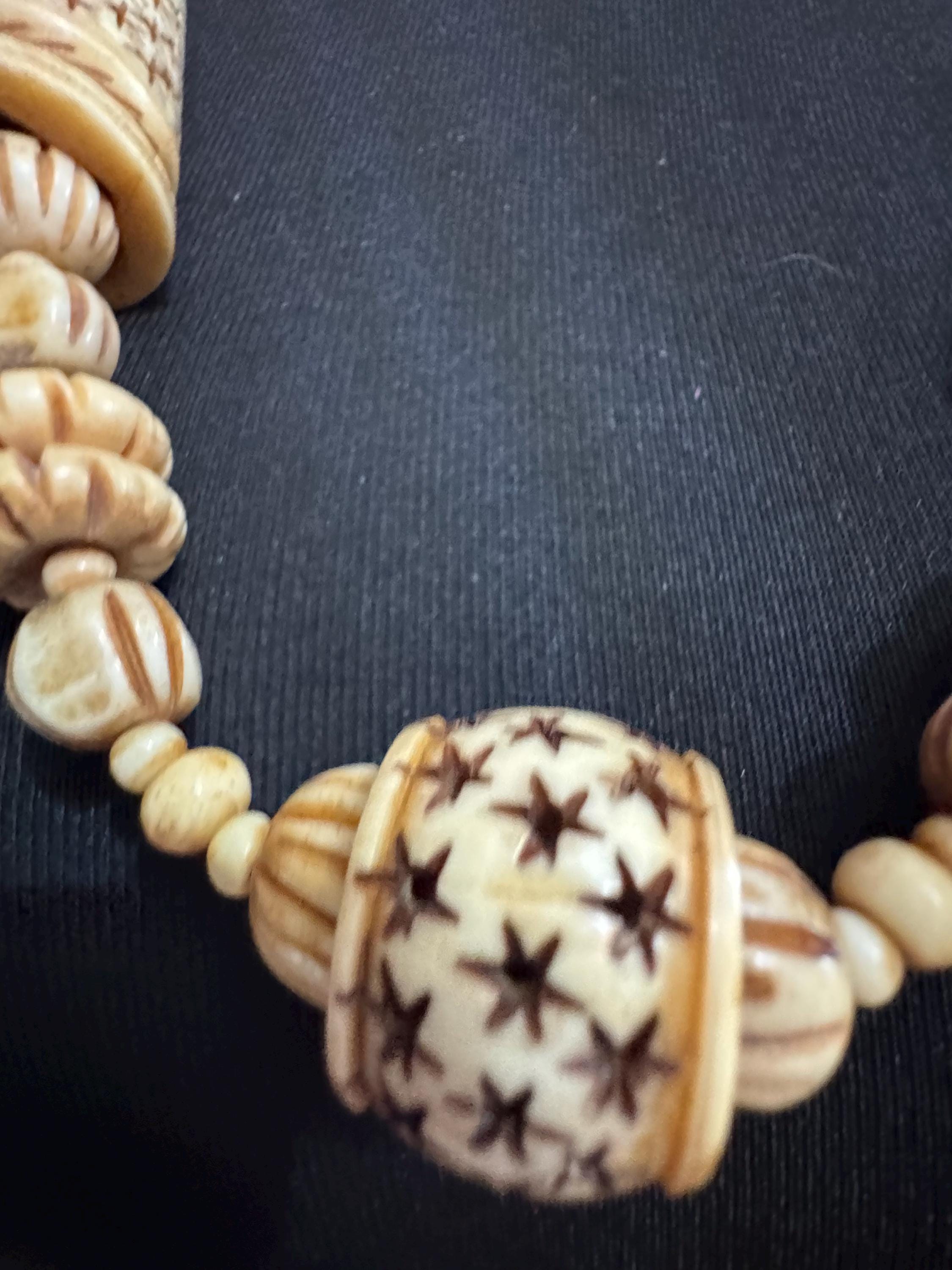 Vintage wide chunky carved stars, beaded pendant necklace, tribal African cream faux bone or ivorine