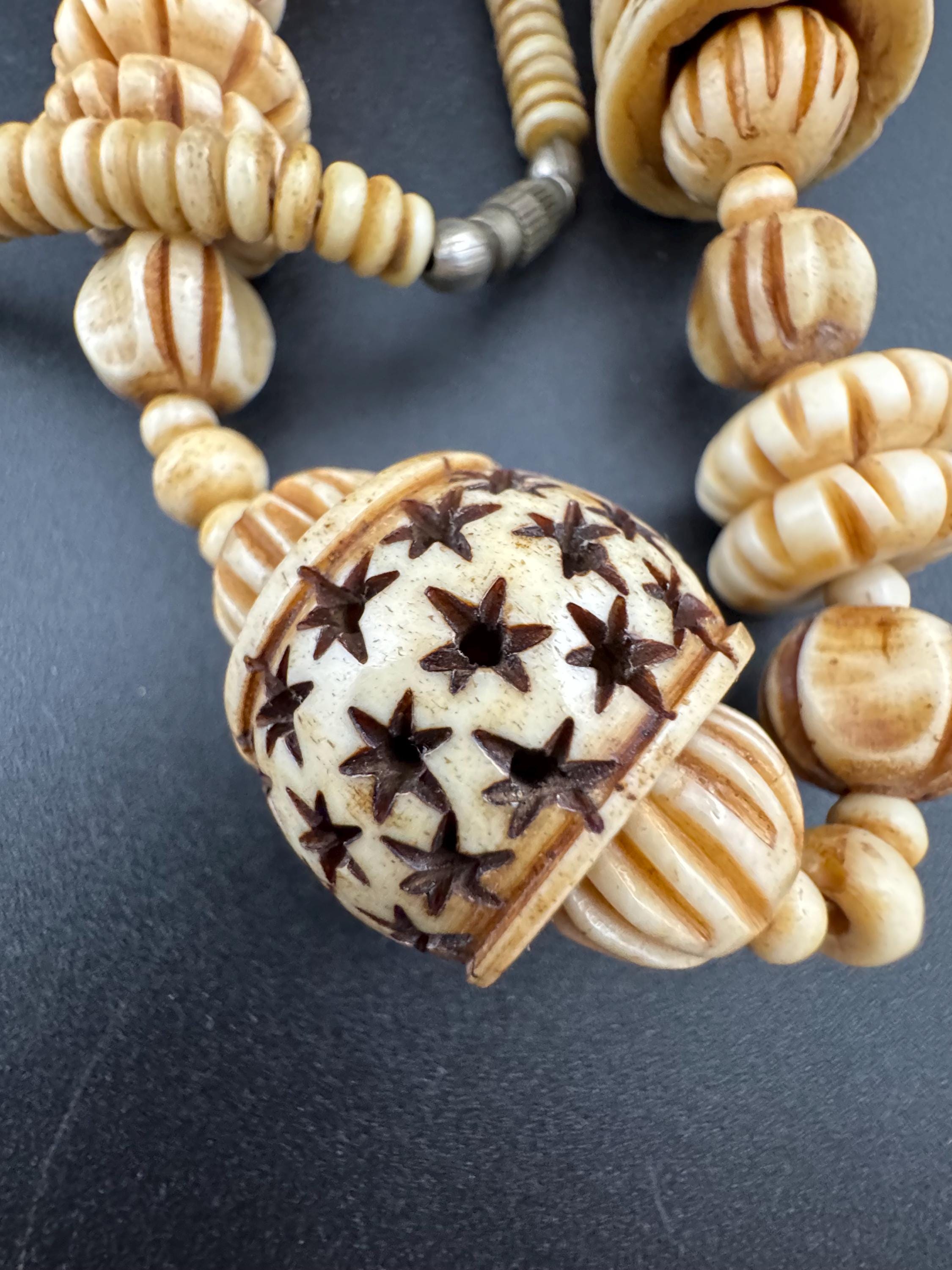Vintage wide chunky carved stars, beaded pendant necklace, tribal African cream faux bone or ivorine