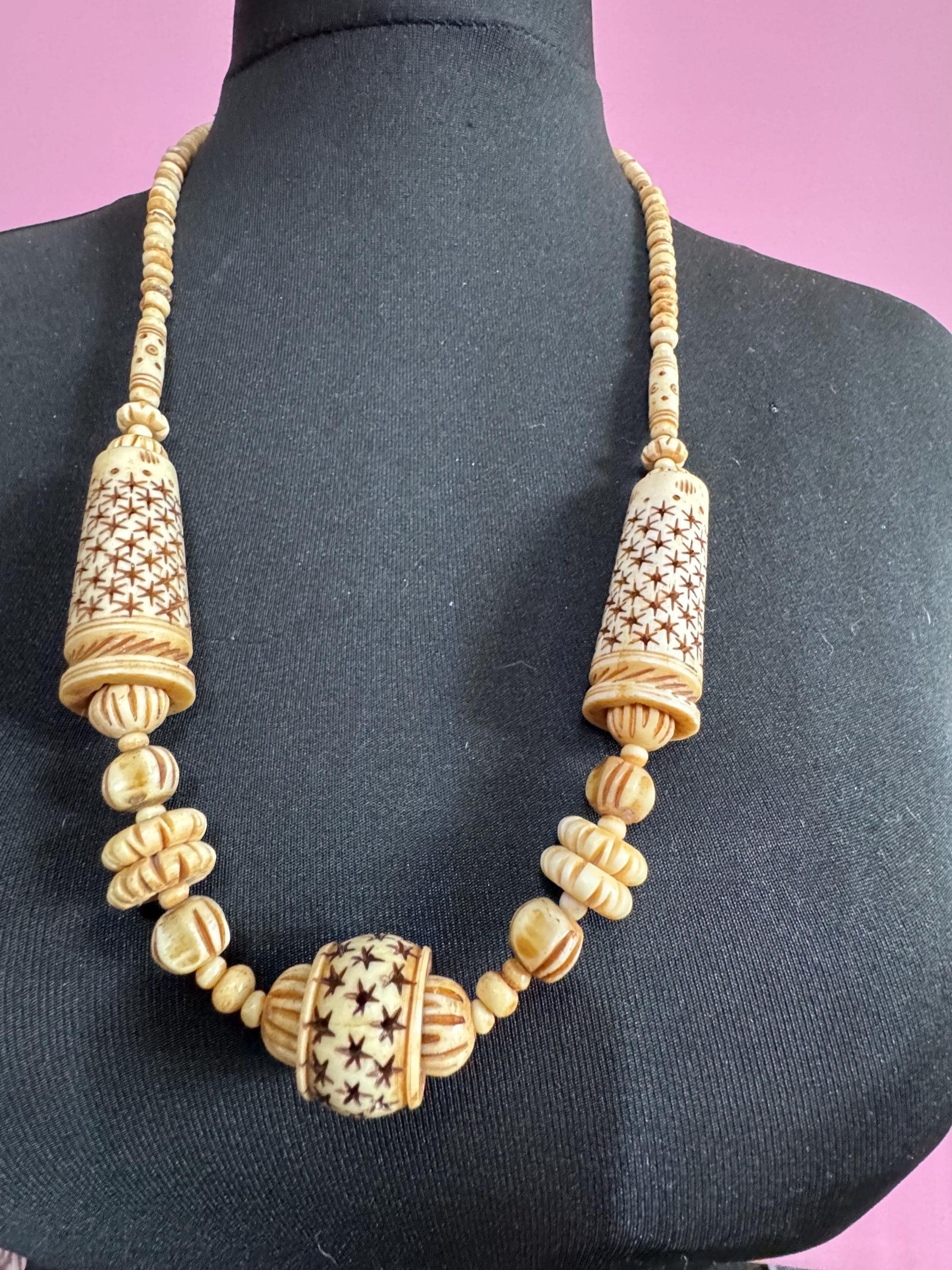Vintage wide chunky carved stars, beaded pendant necklace, tribal African cream faux bone or ivorine