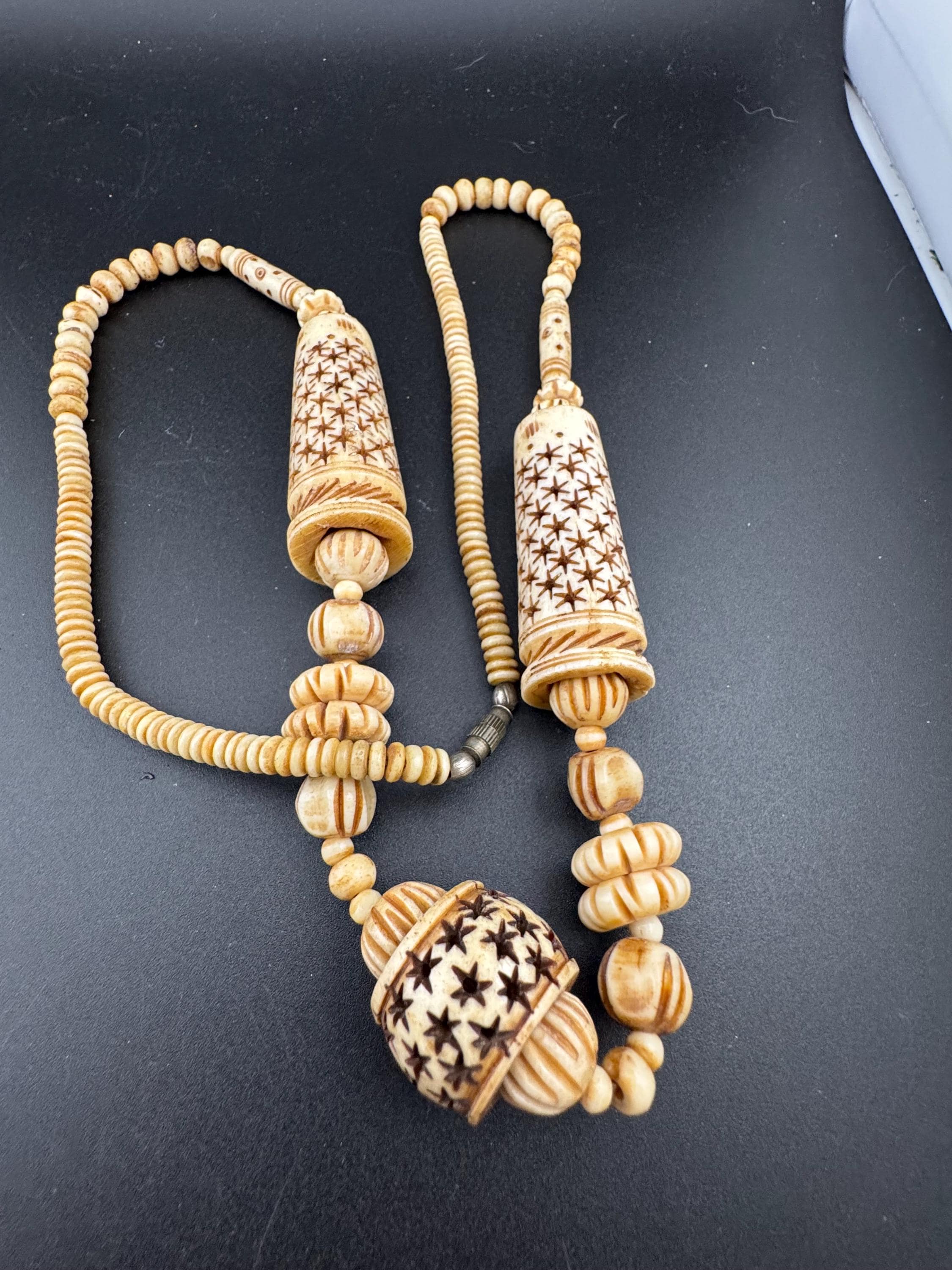 Vintage wide chunky carved stars, beaded pendant necklace, tribal African cream faux bone or ivorine