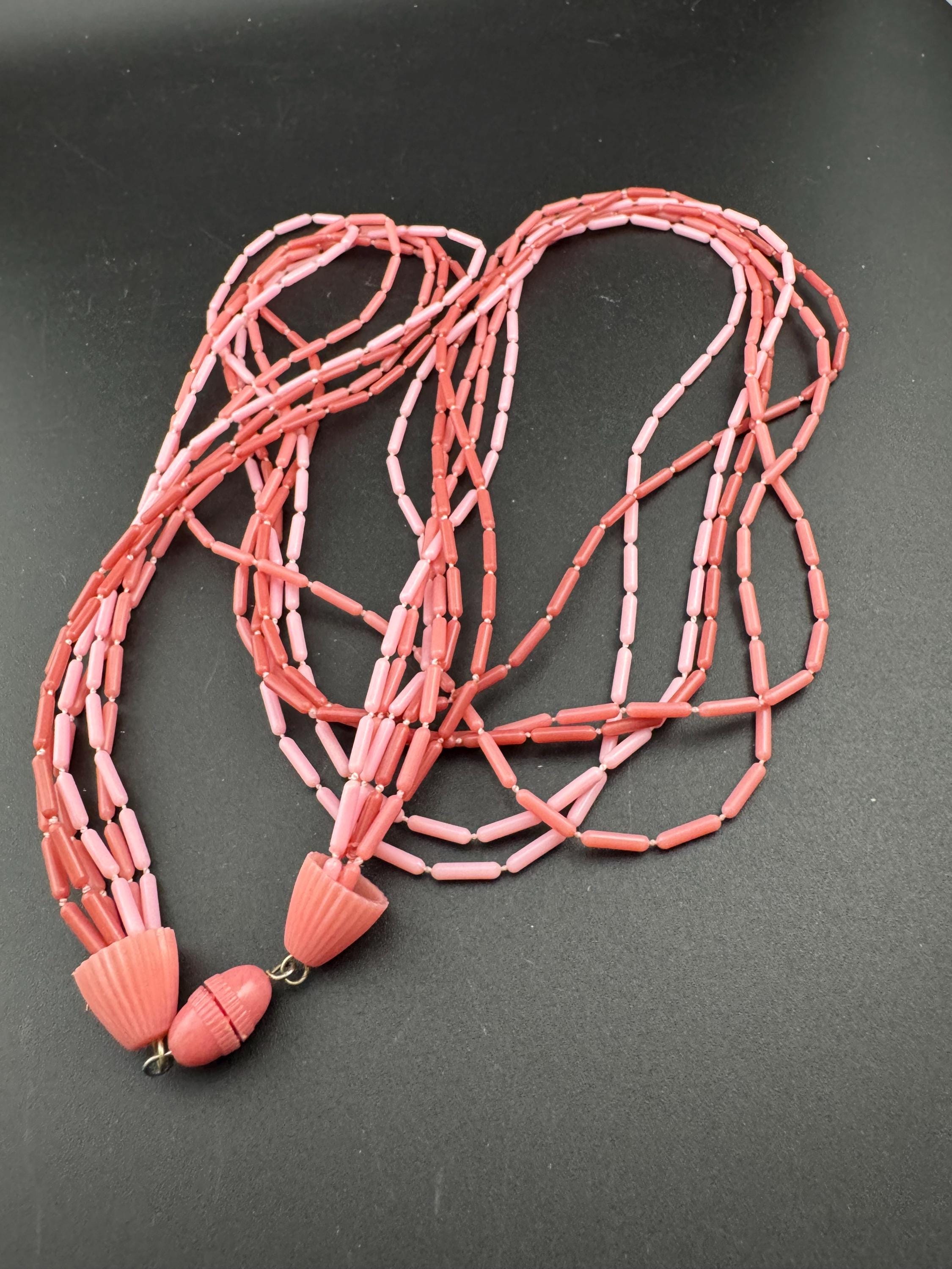 Mid century pink tones early plastic beaded multi strand necklace 80cm