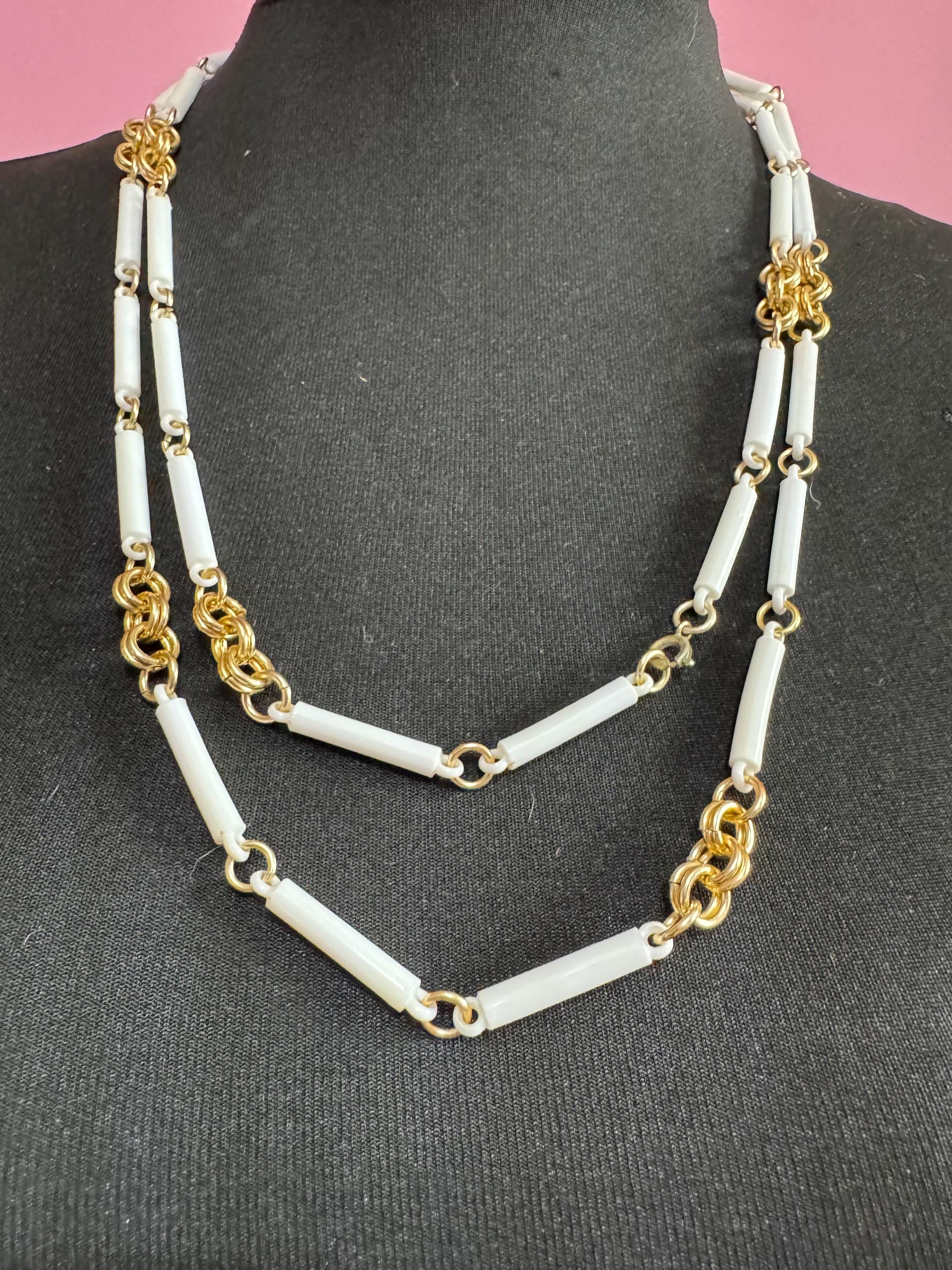 Vintage 1960s white tube barrel bead station chain link long necklace gold tone links