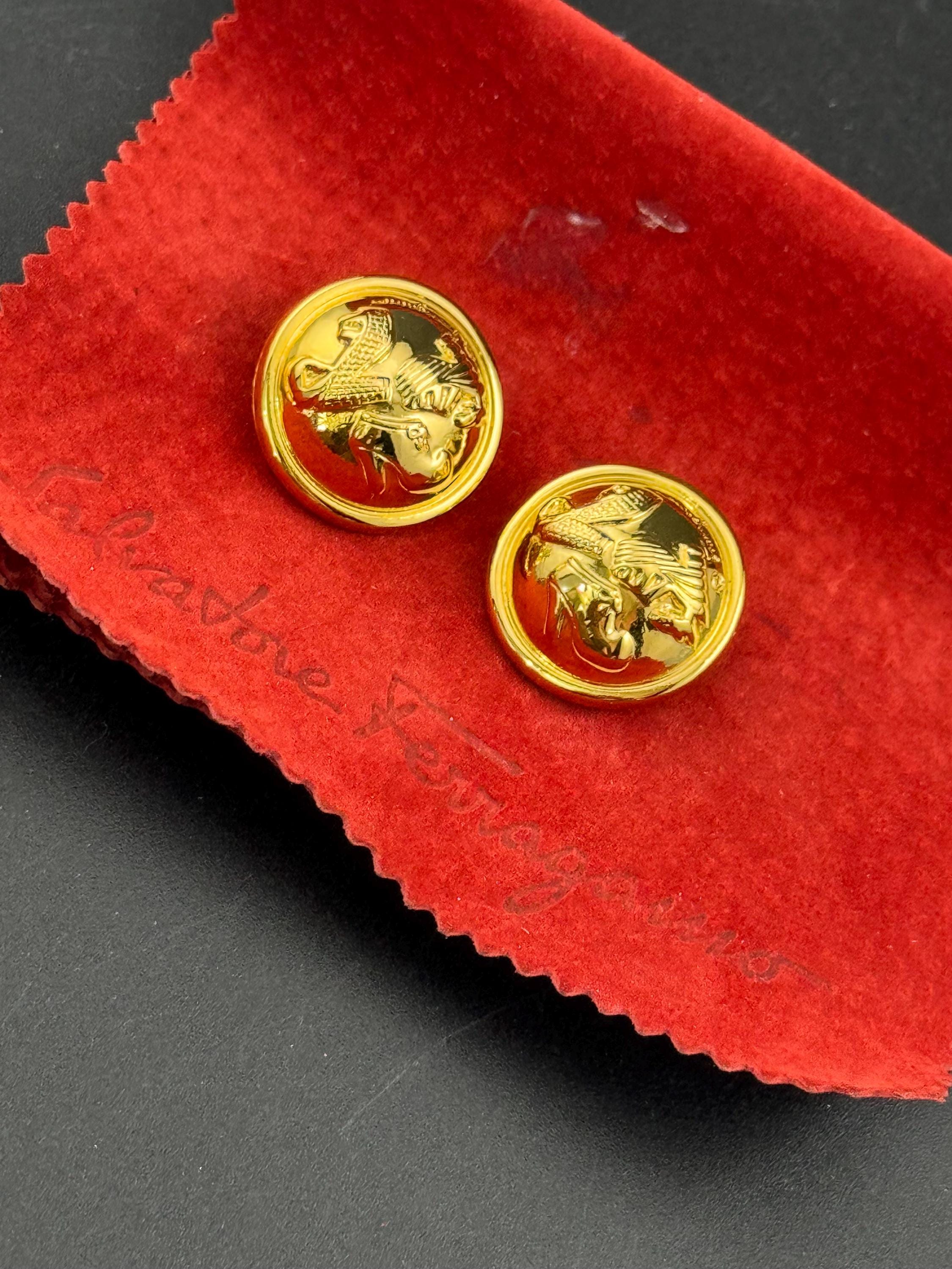 Signed salvatore ferragamo vintage Italian gold plated domed stud clip on earrings 2cm