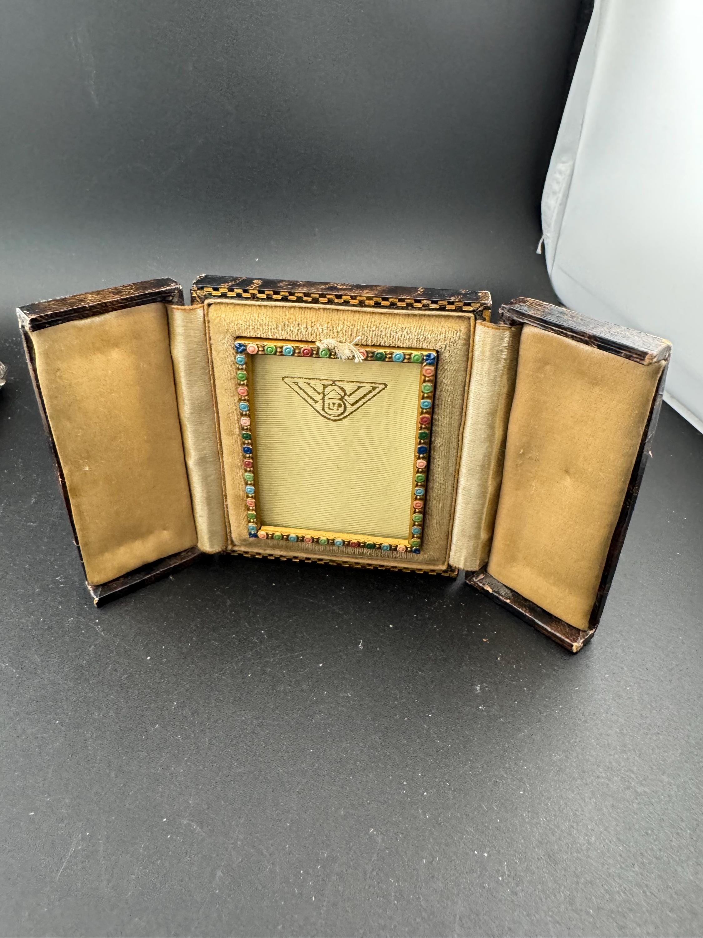 Antique Vintage Brass gold tone miniature Photo picture frame in leather tooled case Keepsake Memorial Victorian
