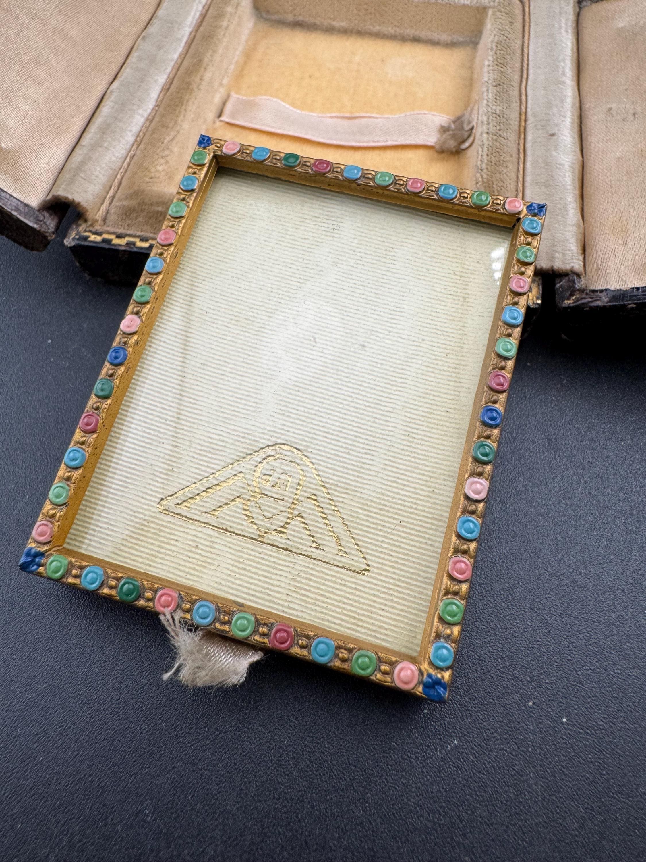 Antique Vintage Brass gold tone miniature Photo picture frame in leather tooled case Keepsake Memorial Victorian