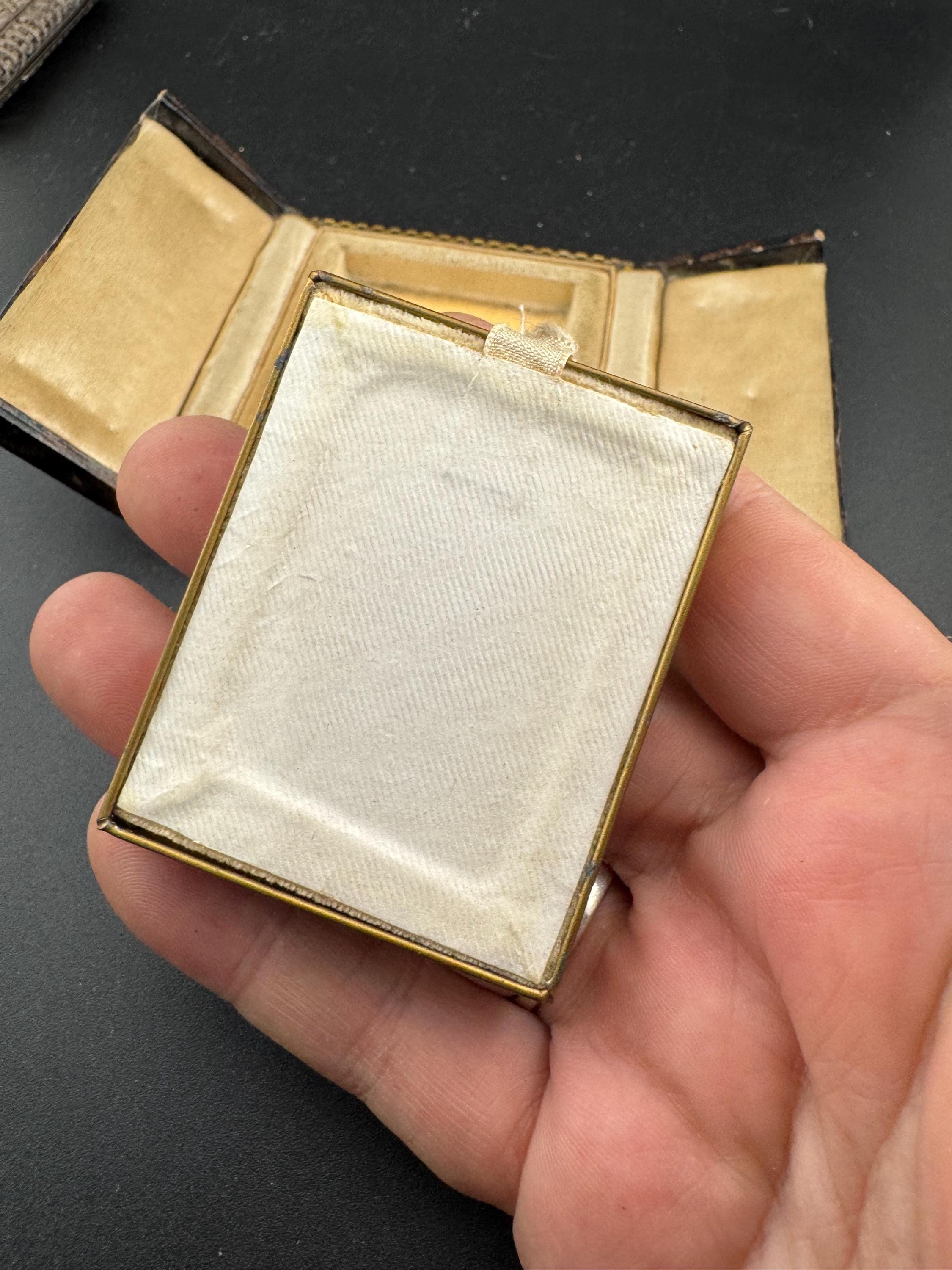 Antique Vintage Brass gold tone miniature Photo picture frame in leather tooled case Keepsake Memorial Victorian