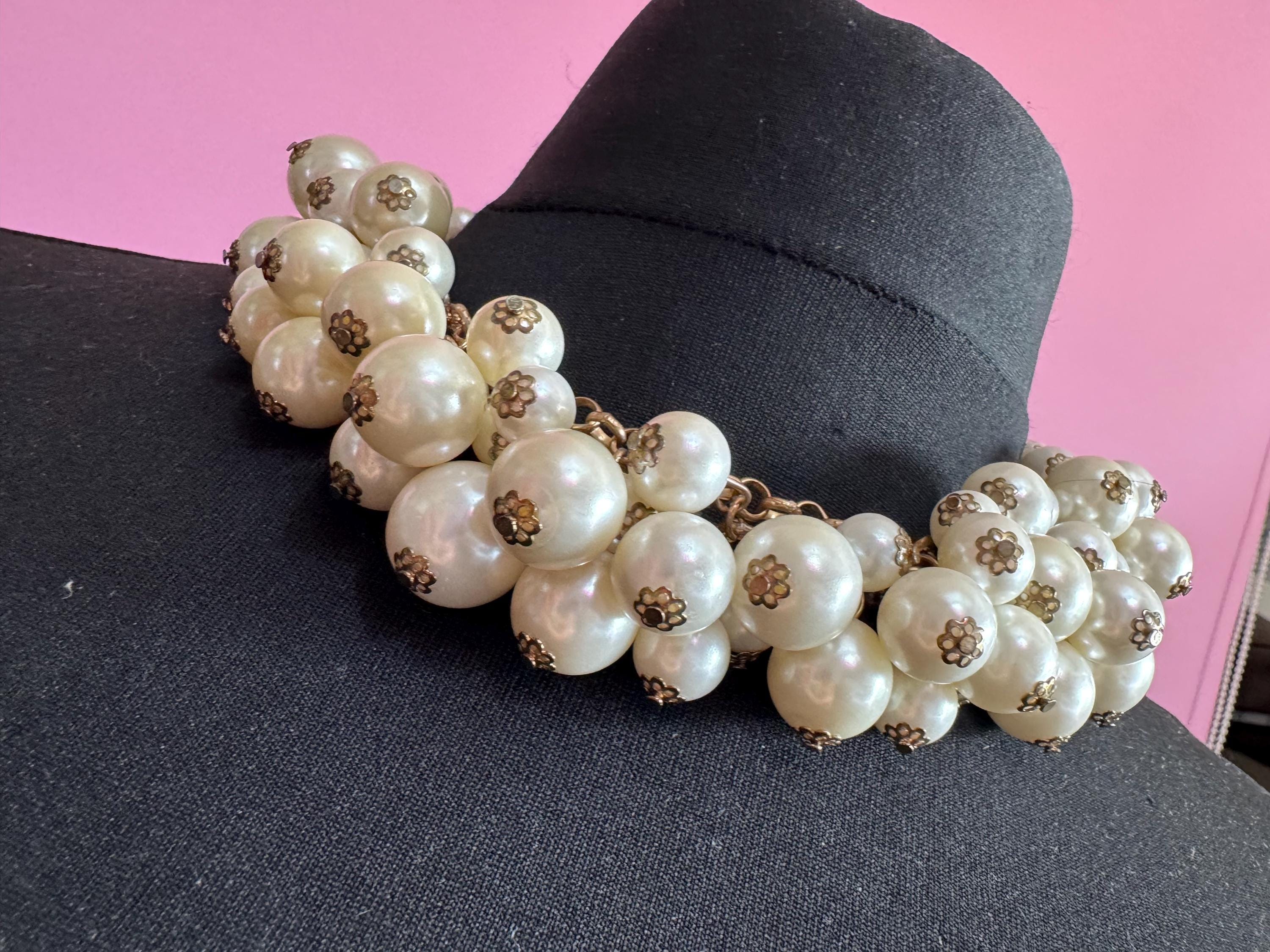 retro faux plastic chunky pearl beaded statement choker cluster necklace
