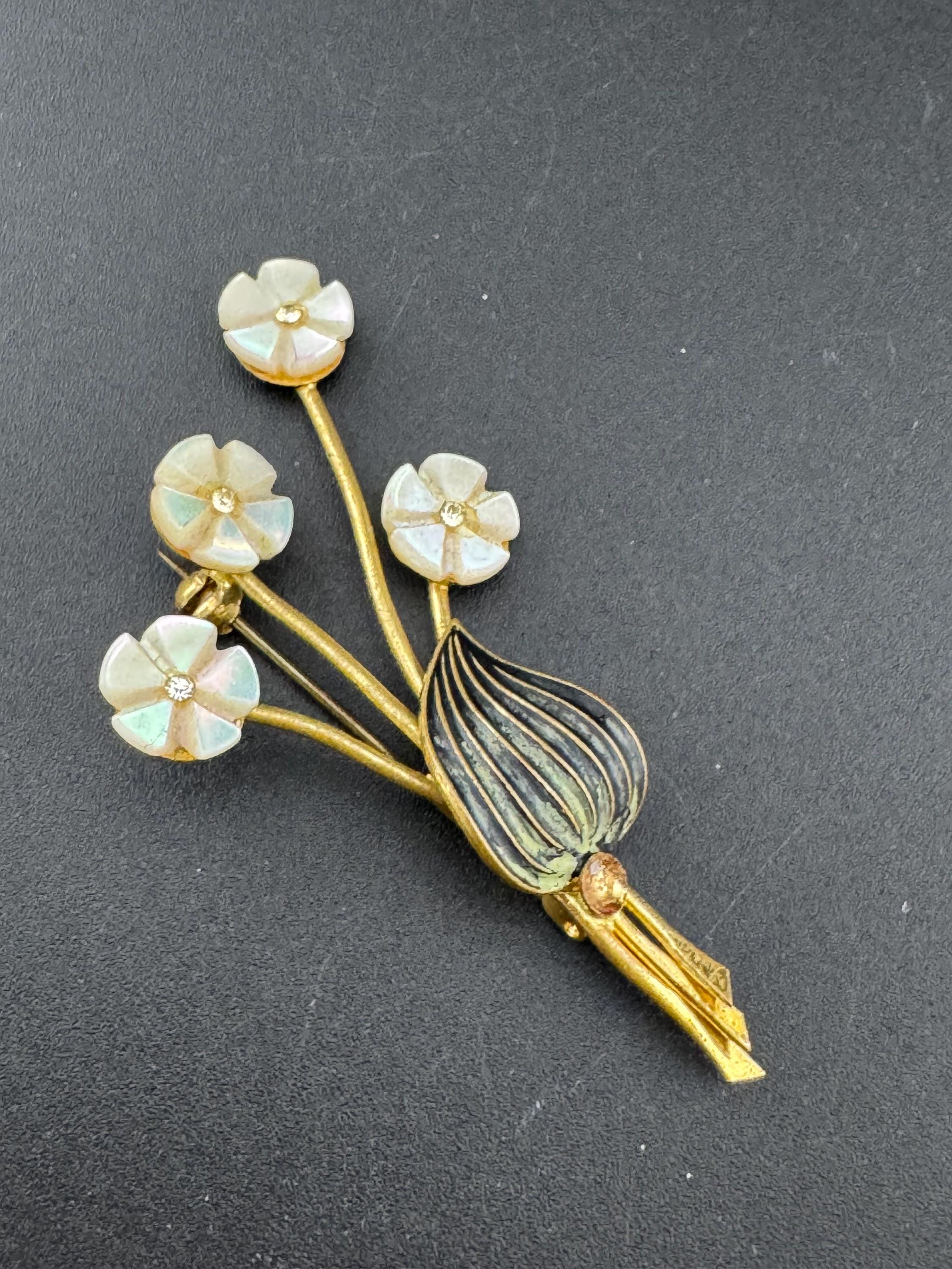 Vintage Mother of Pearl Rose Brooch: 1940s Carved Floral Gold Tone