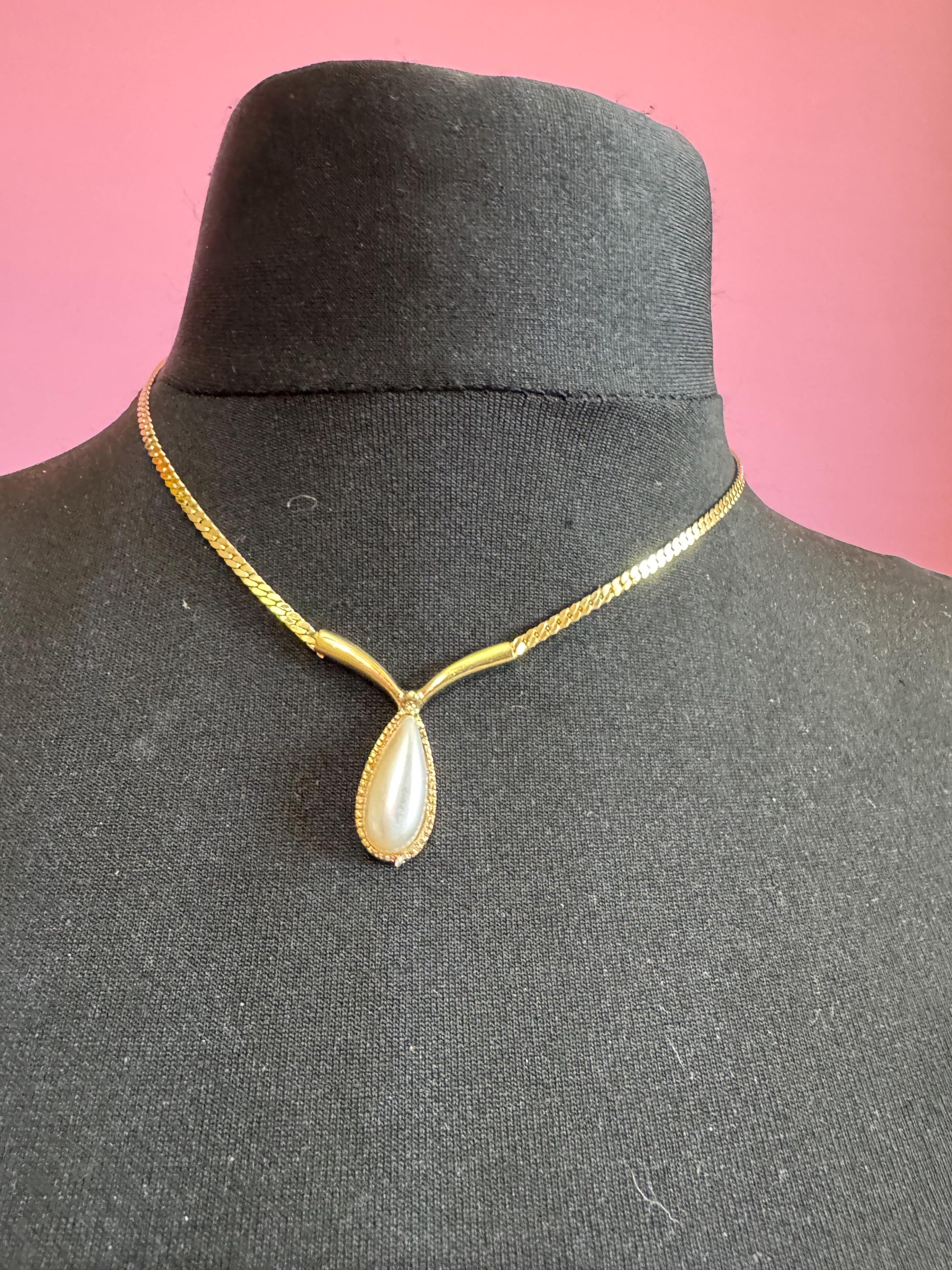 retro gold tone faux pearl jewellery set, pierced earrings, brooch and teardrop chain necklace, old shop stock