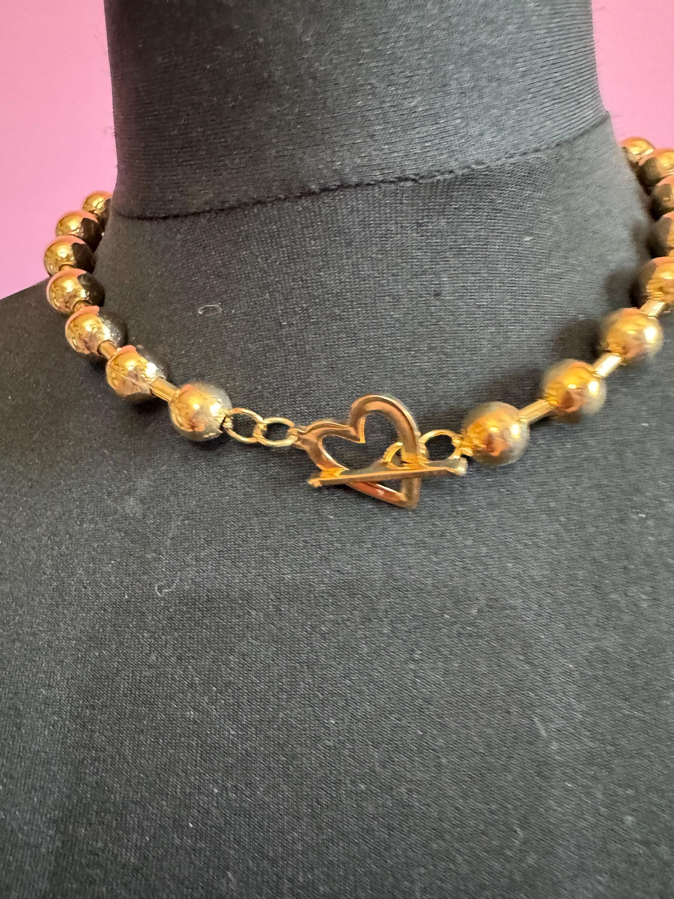retro gold tone ball bead necklace and bracelet set with heart toggle clasp, old shop stock