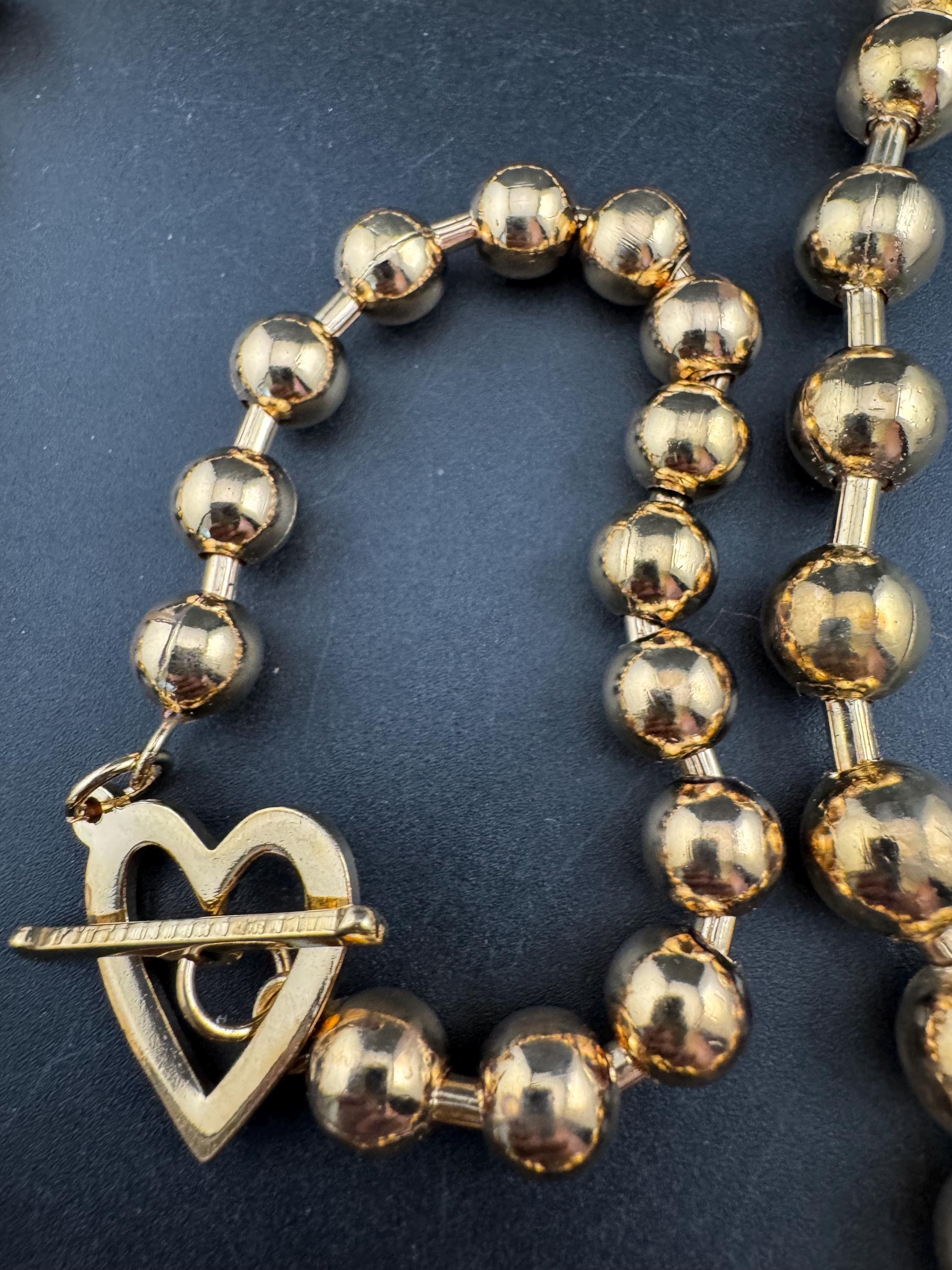 retro gold tone ball bead necklace and bracelet set with heart toggle clasp, old shop stock
