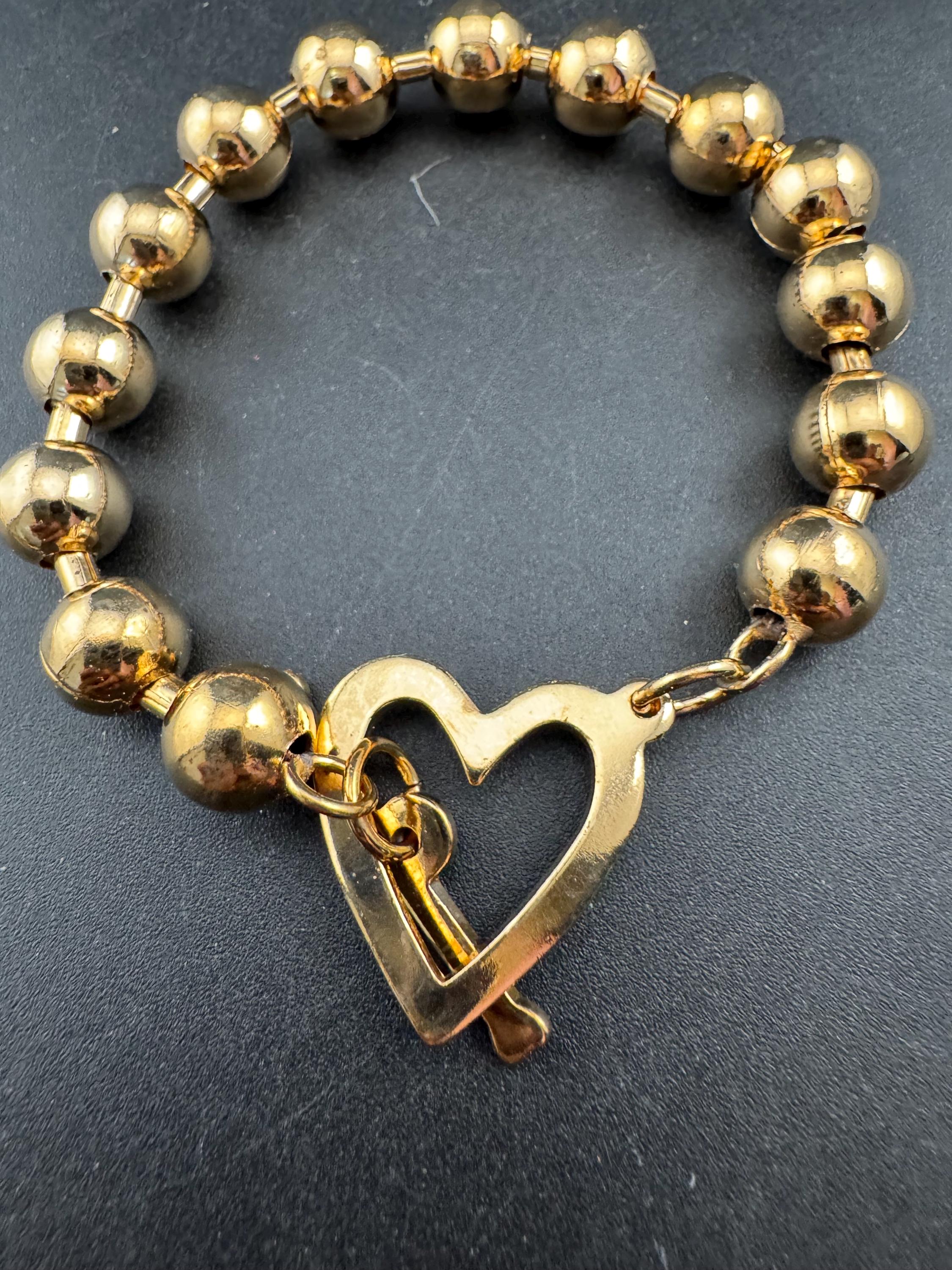 retro gold tone ball bead bracelet set with heart toggle clasp, old shop stock 20cm