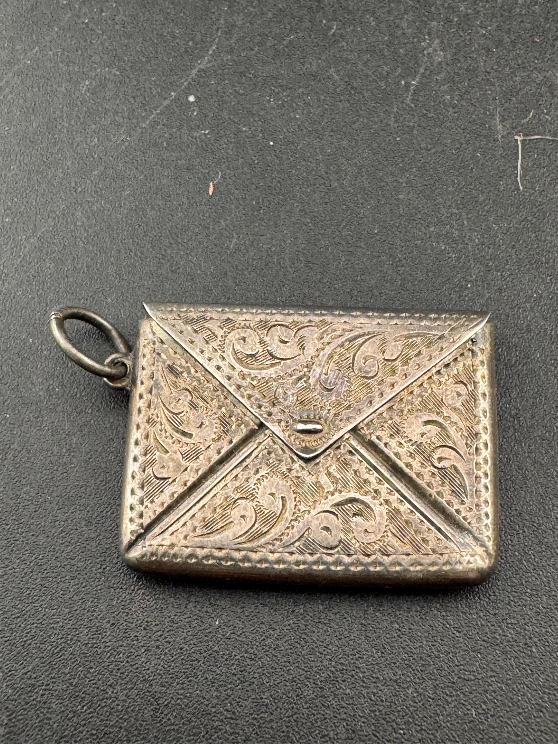 Antique stamped STERLING Silver Engraved Envelope Stamp Holder Charm Pendant 3.5cm 4.7 grams