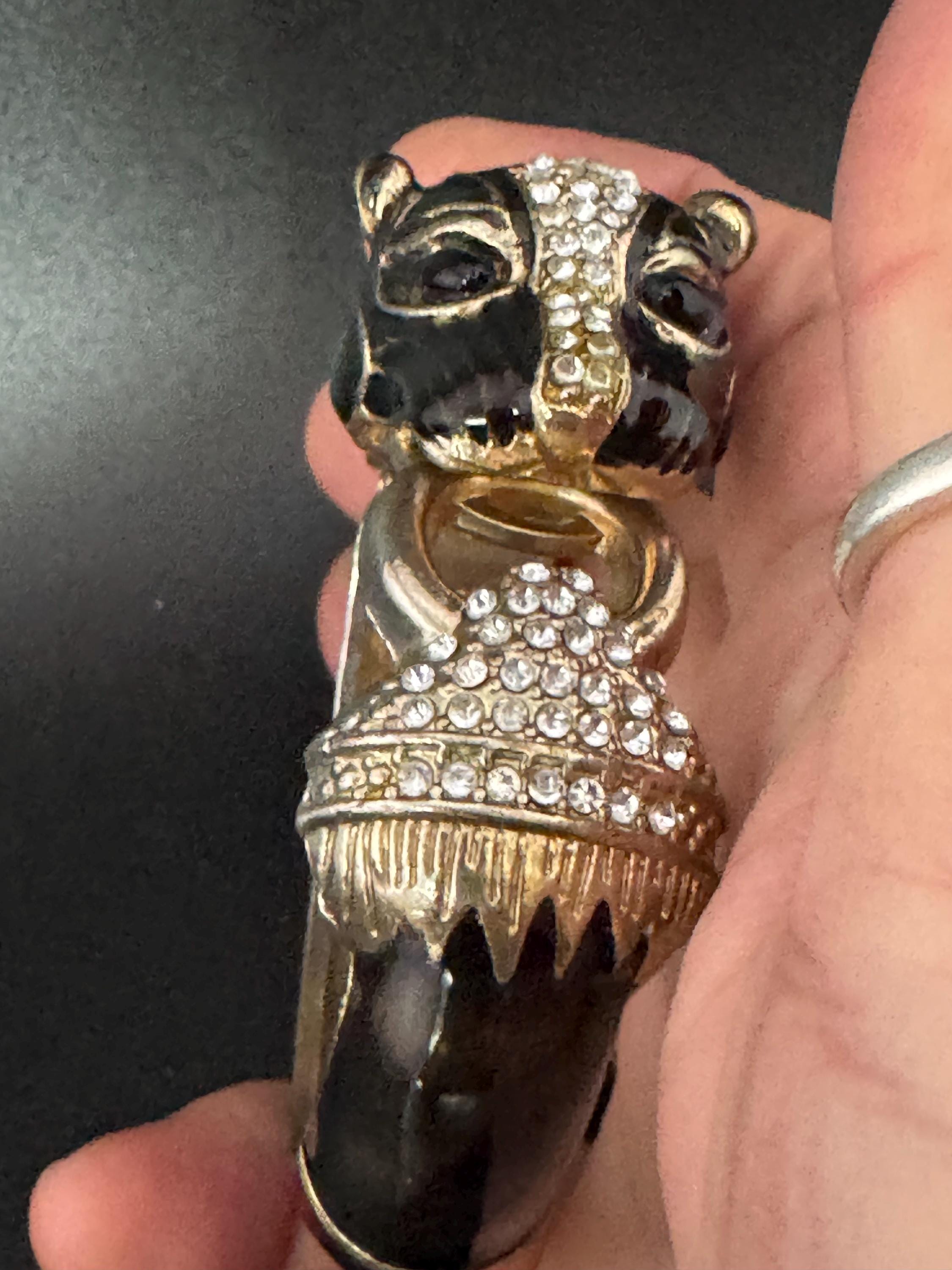 Vintage 80s Black Enamel Clamper Bangle: Diamanté Big Cat Bracelet