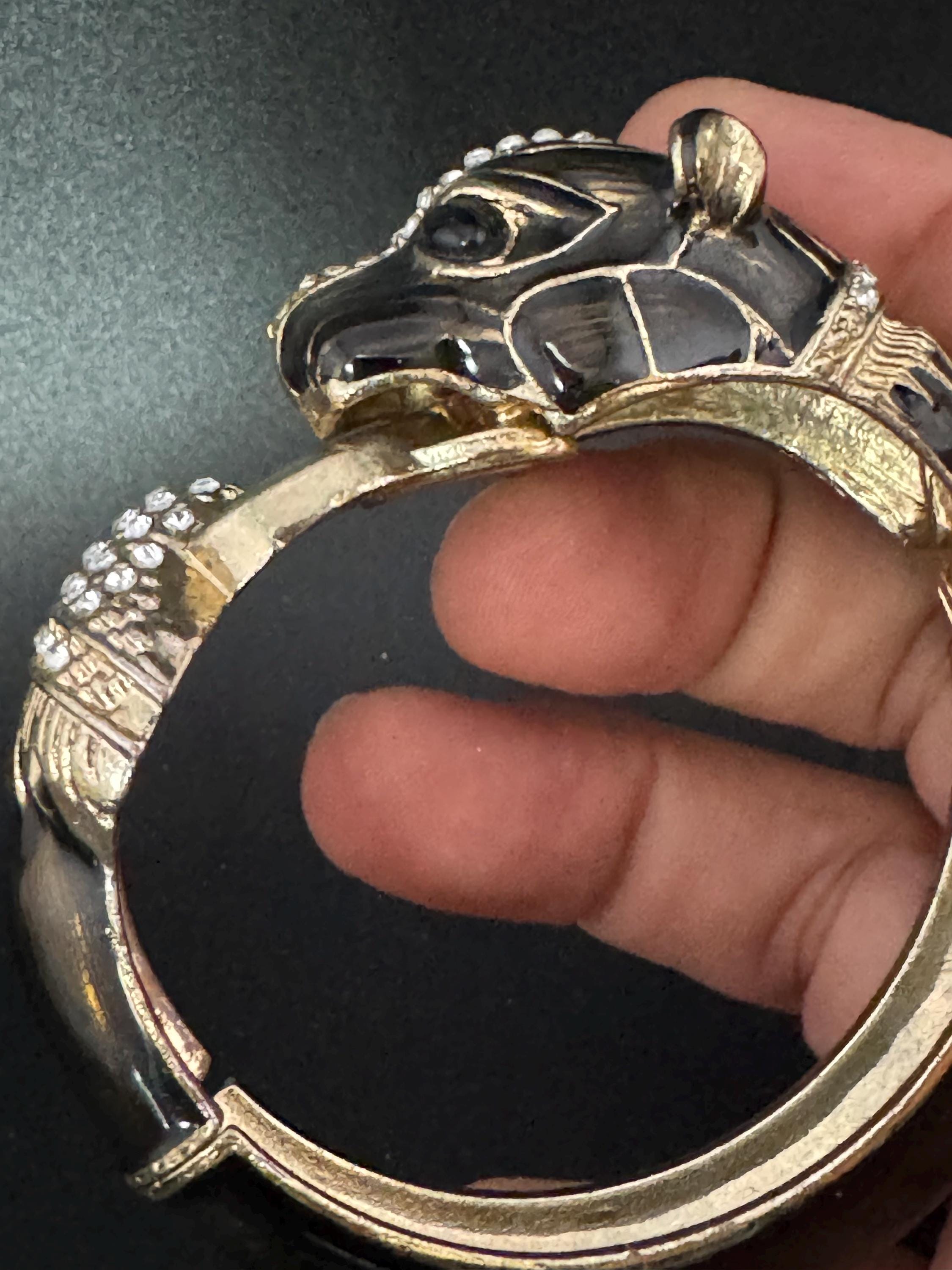 Vintage 80s Black Enamel Clamper Bangle: Diamanté Big Cat Bracelet