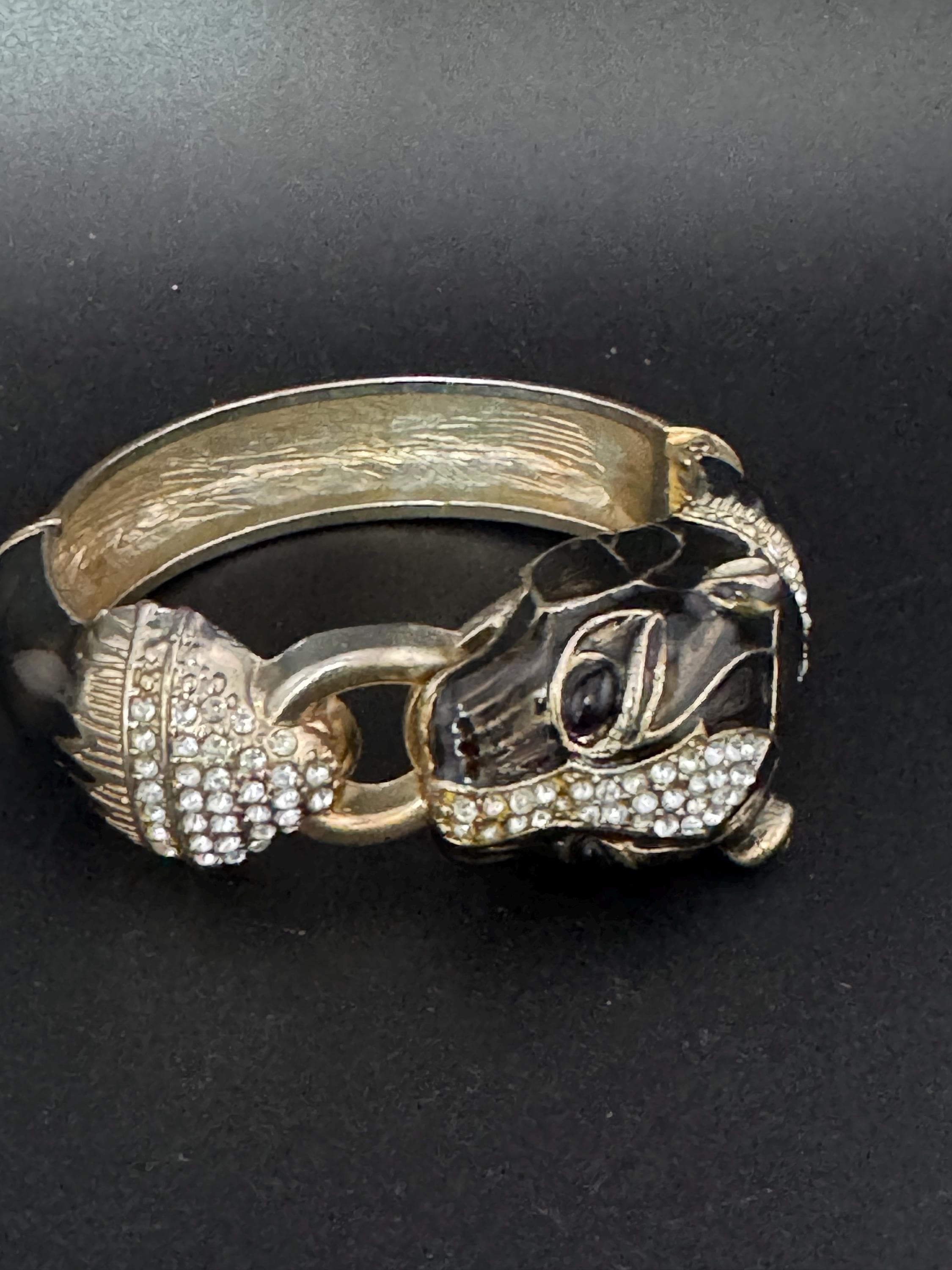 Vintage 80s Black Enamel Clamper Bangle: Diamanté Big Cat Bracelet