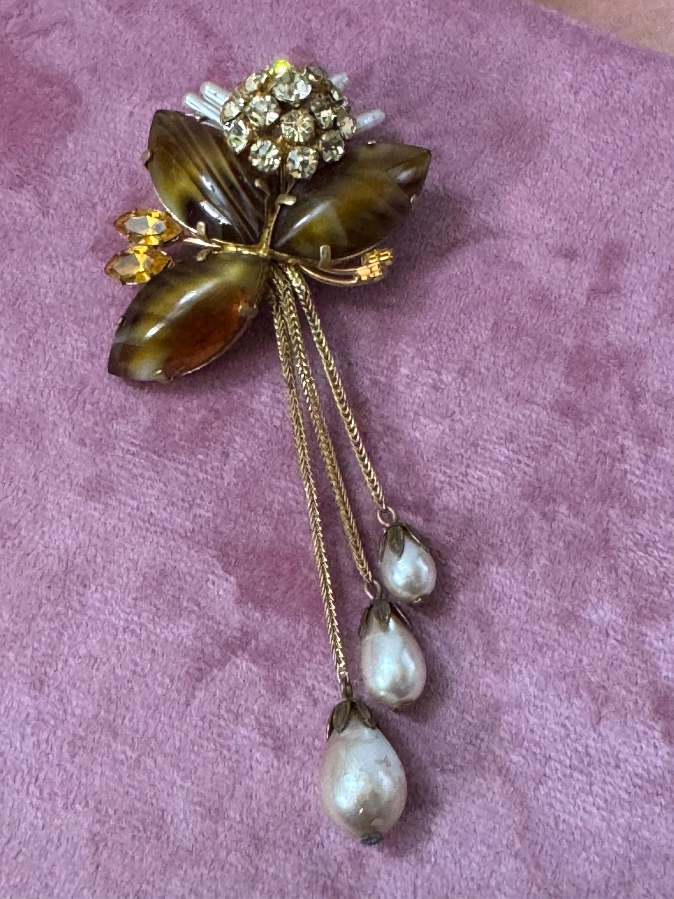 Vintage Gold Tone Brooch: Brown Glass Cabochon & Rhinestone Drop, 1950s Style