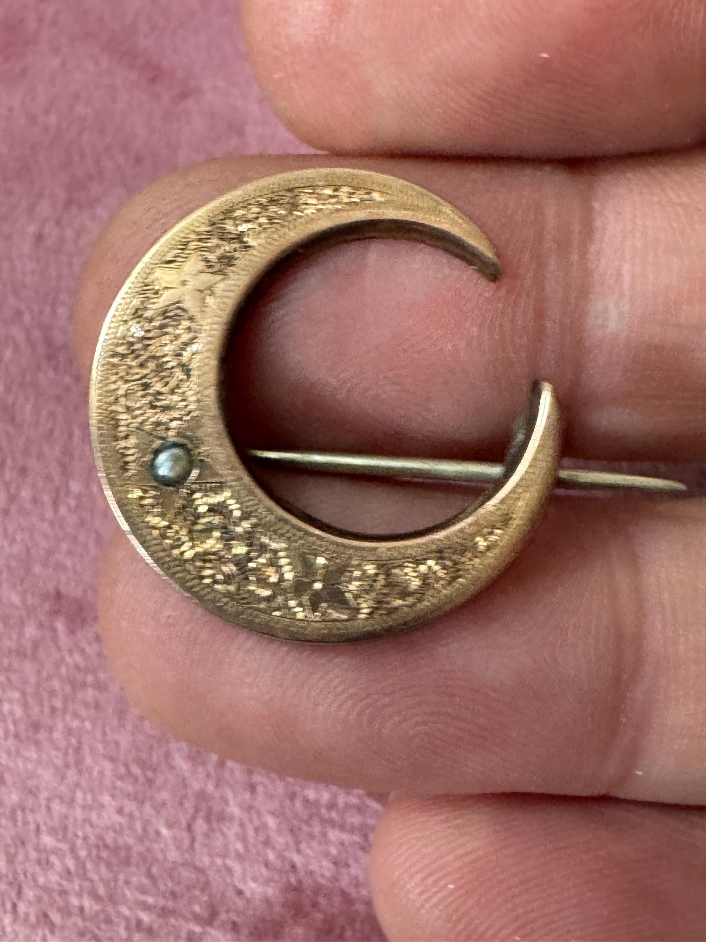 Antique Victorian celestial crescent moon brooch edwardian 1900s 1920s untested rolled gold front Pinchbeck