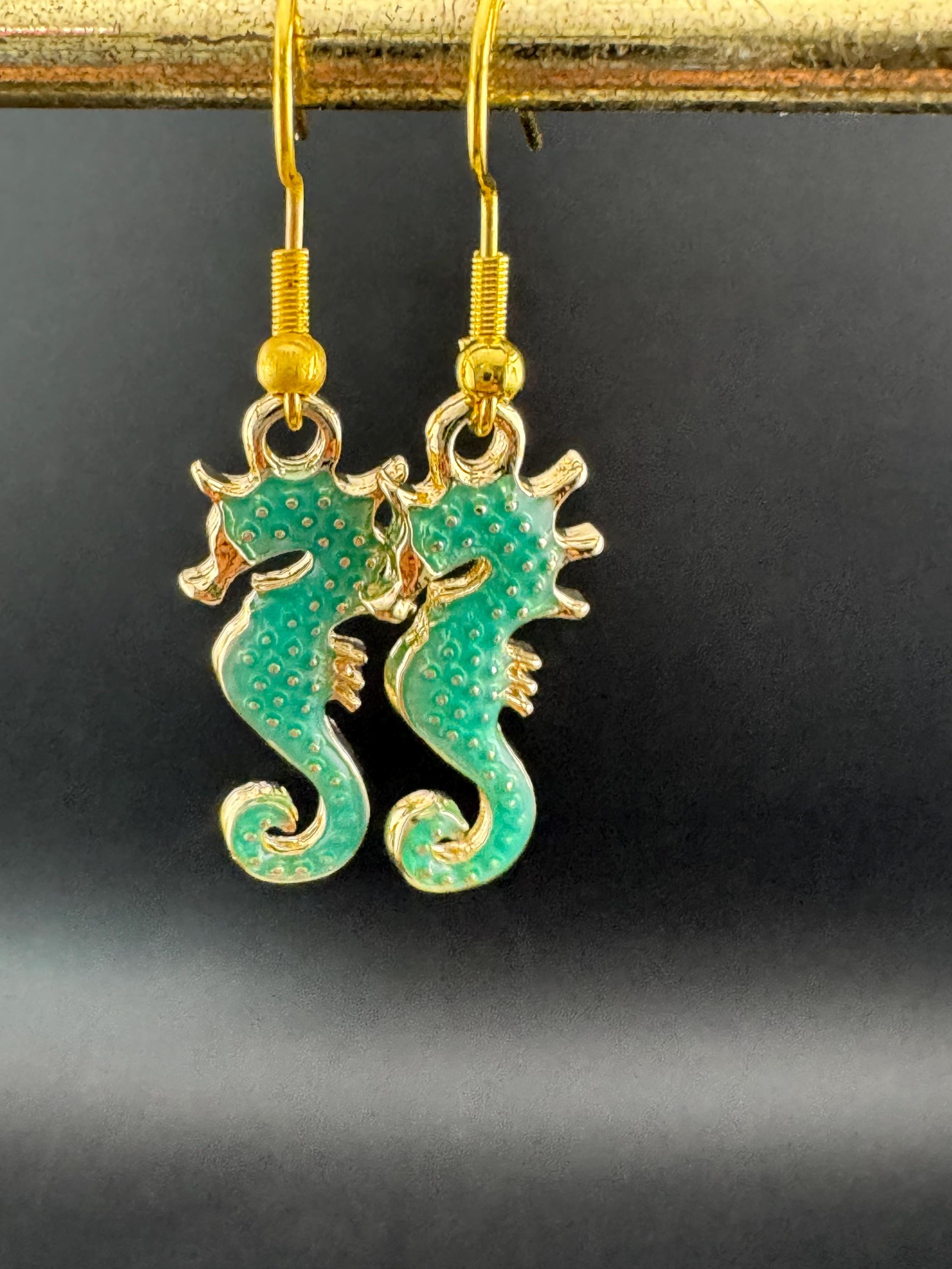 Turquoise Blue enamel nautical seahorse earrings for pierced ears, Gold tone marine life