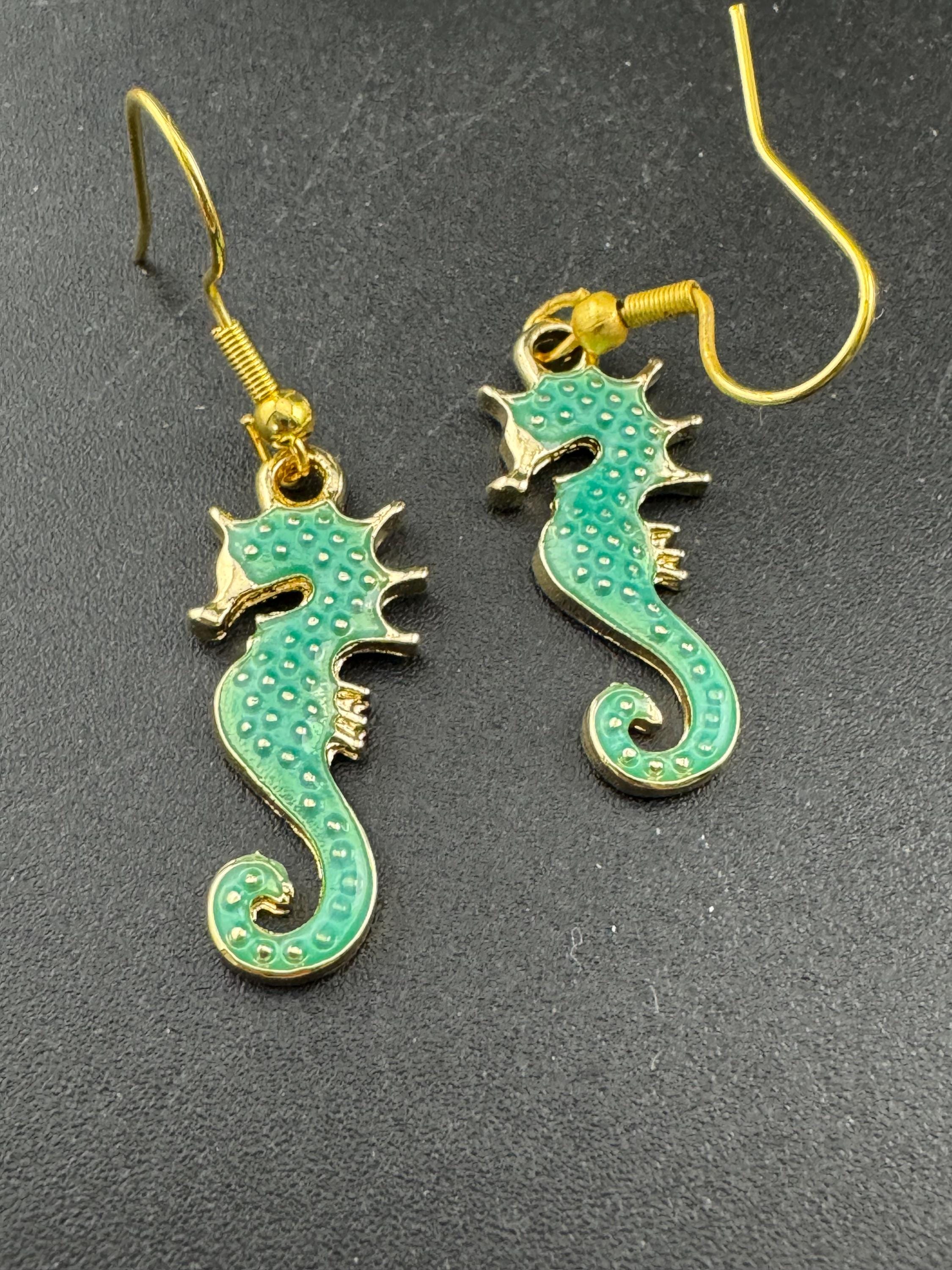 Turquoise Blue enamel nautical seahorse earrings for pierced ears, Gold tone marine life