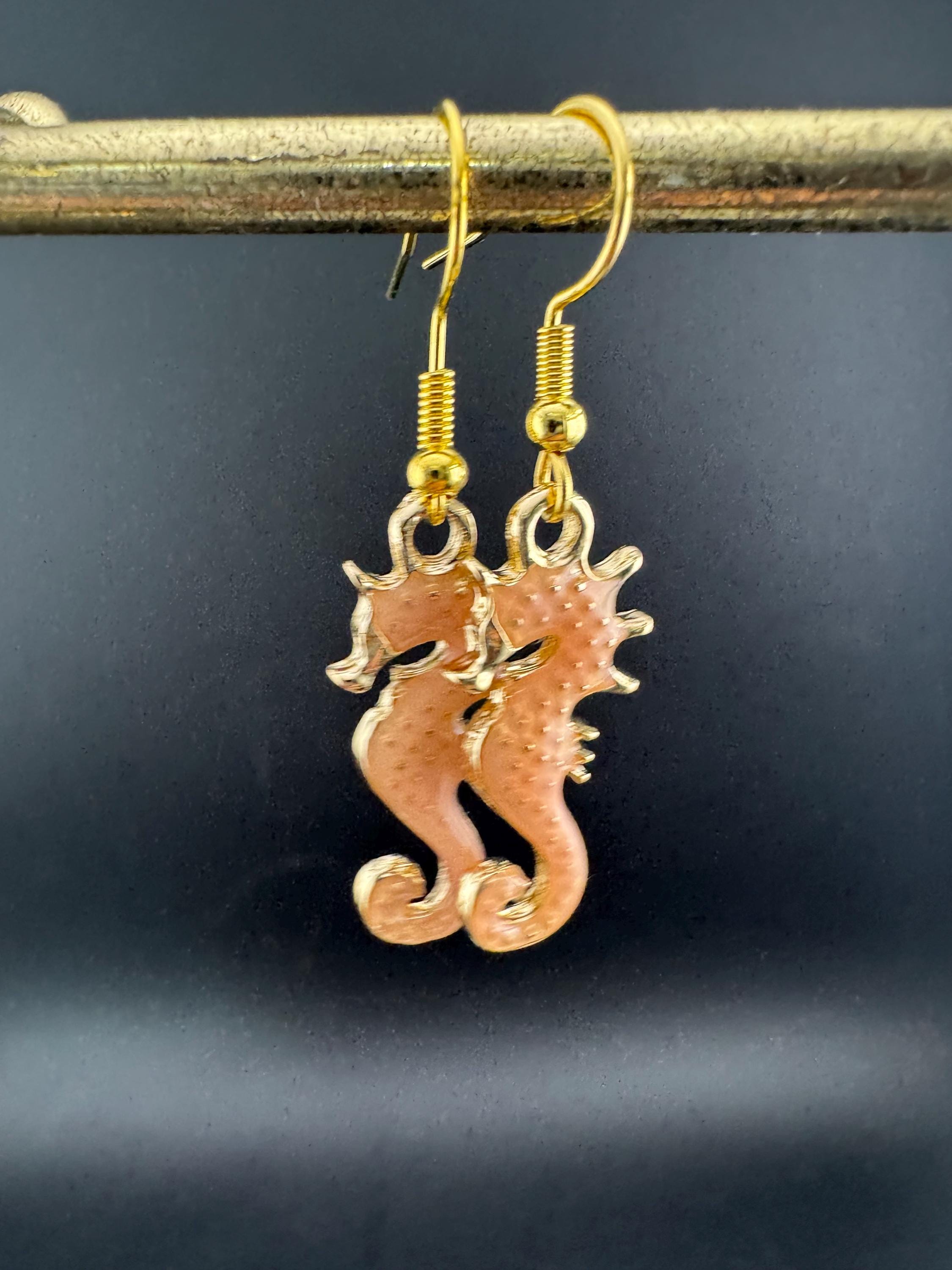 Soft pink enamel nautical seahorse earrings for pierced ears, Gold tone marine life
