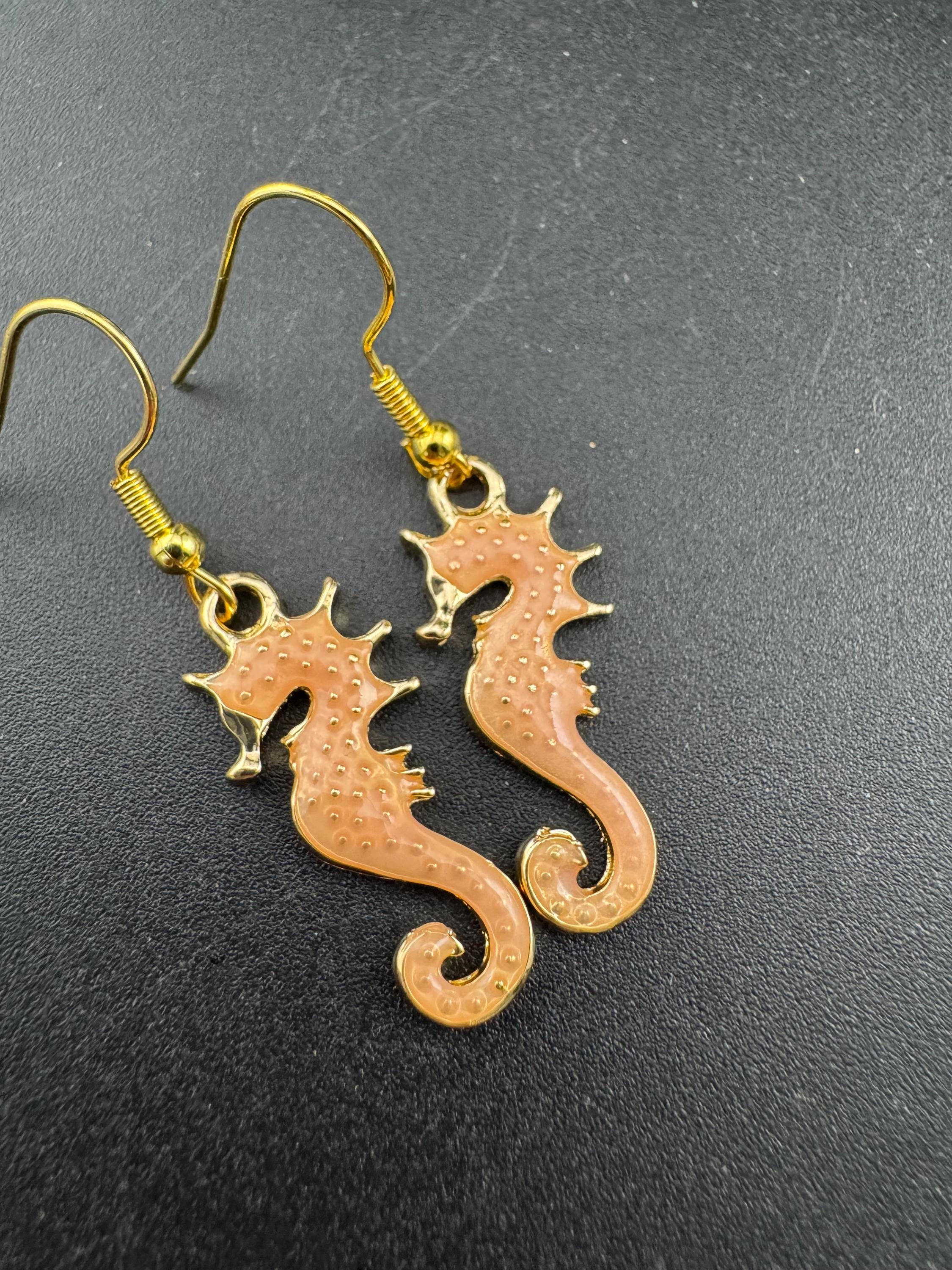Soft pink enamel nautical seahorse earrings for pierced ears, Gold tone marine life