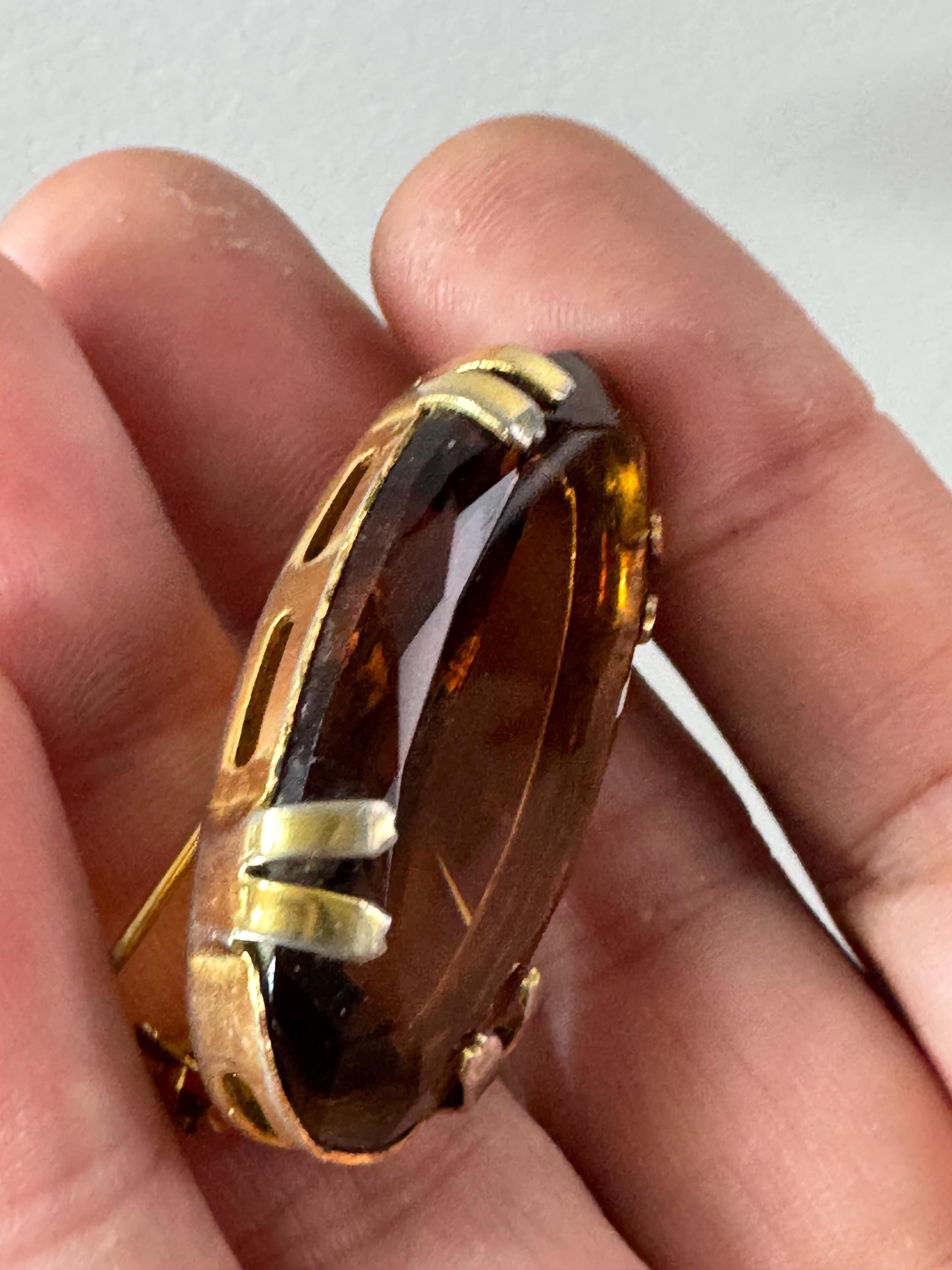 oval cognac glass brooch, large brown cabochon vintage 4cm