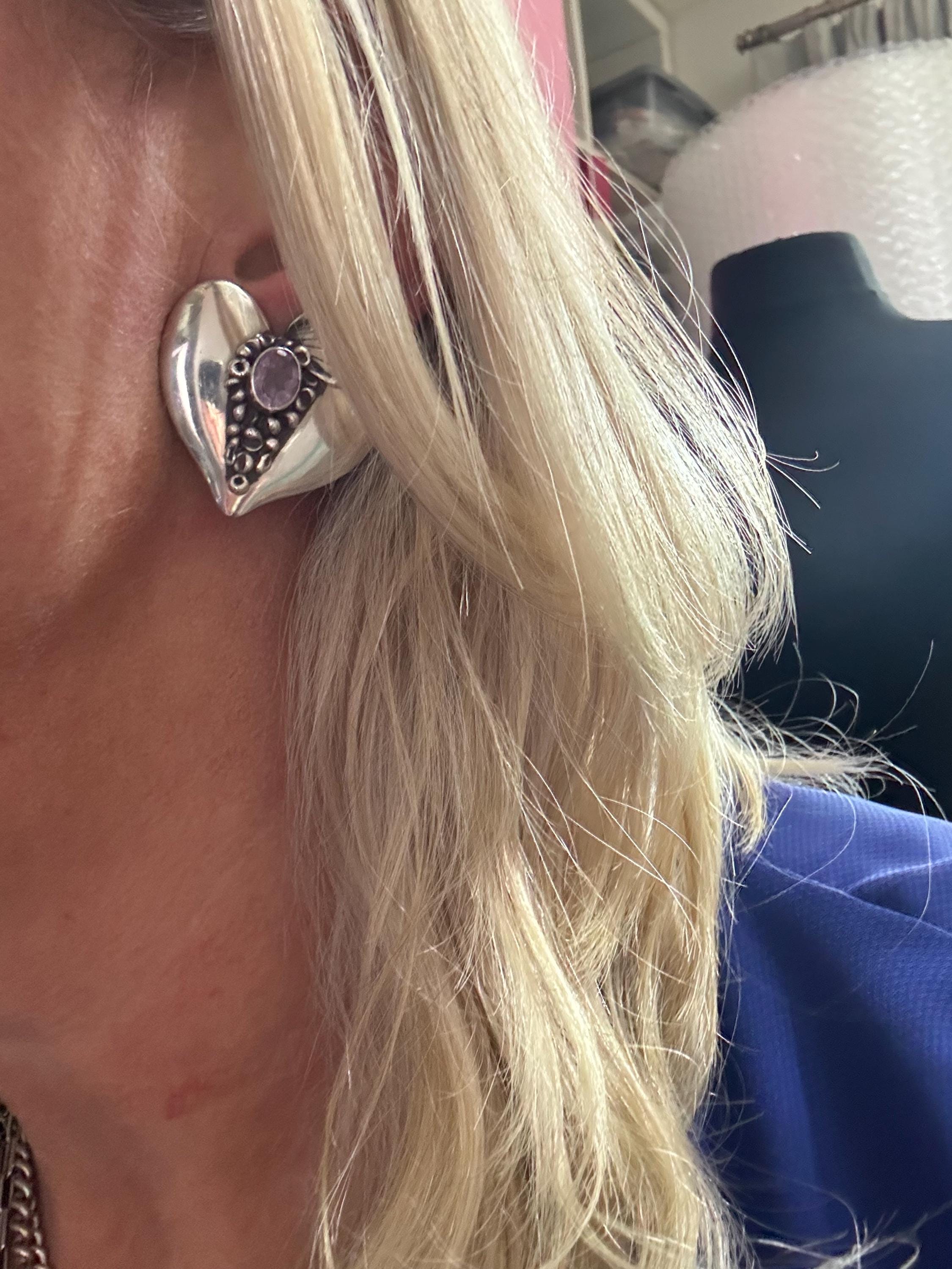 Amethyst Heart Clip On Earrings: Modernist 925 Vintage Sterling Silver