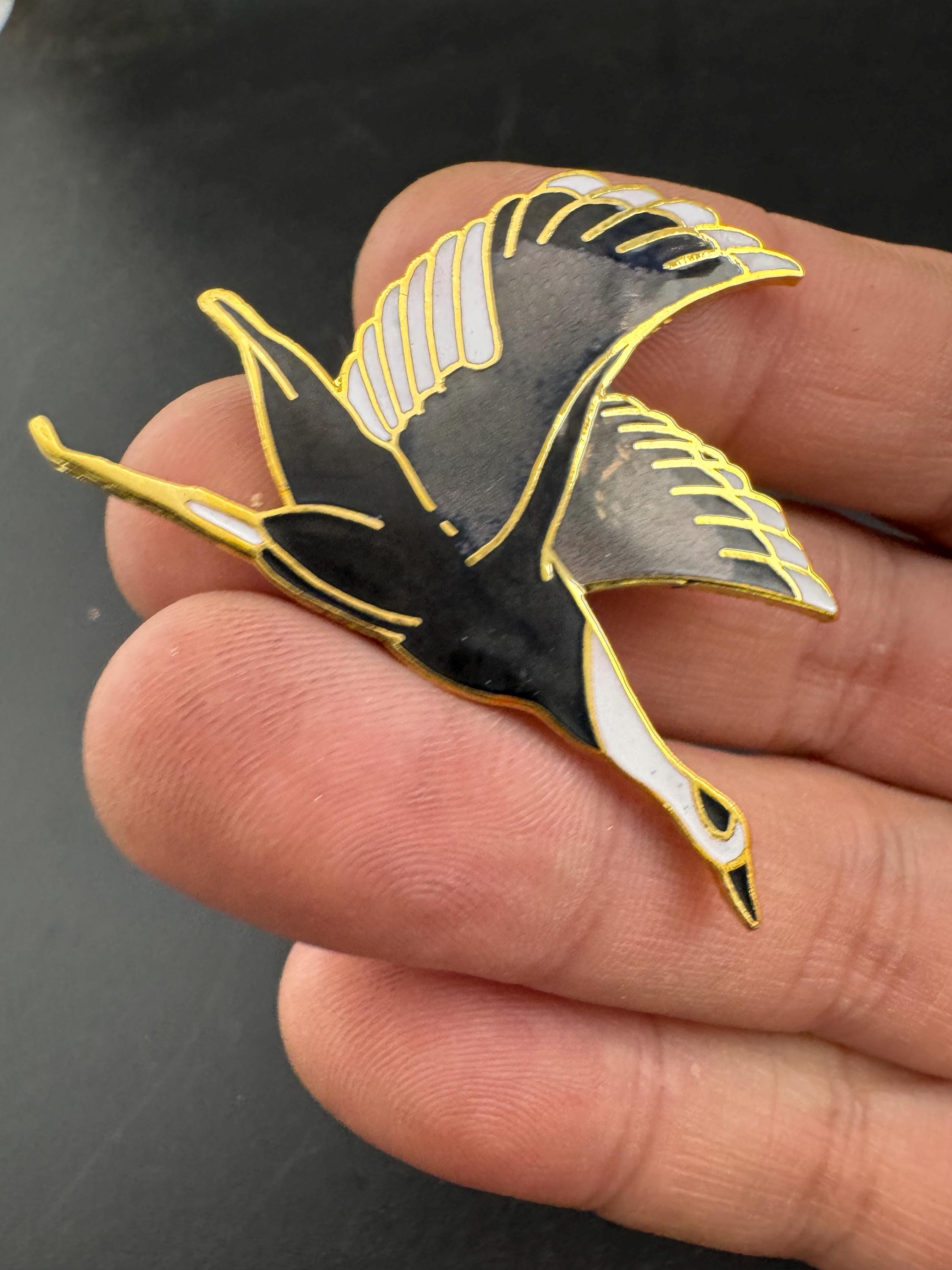 1980s Japanese Cloisonné Crane Brooch: Grey, Black & Gold Tone