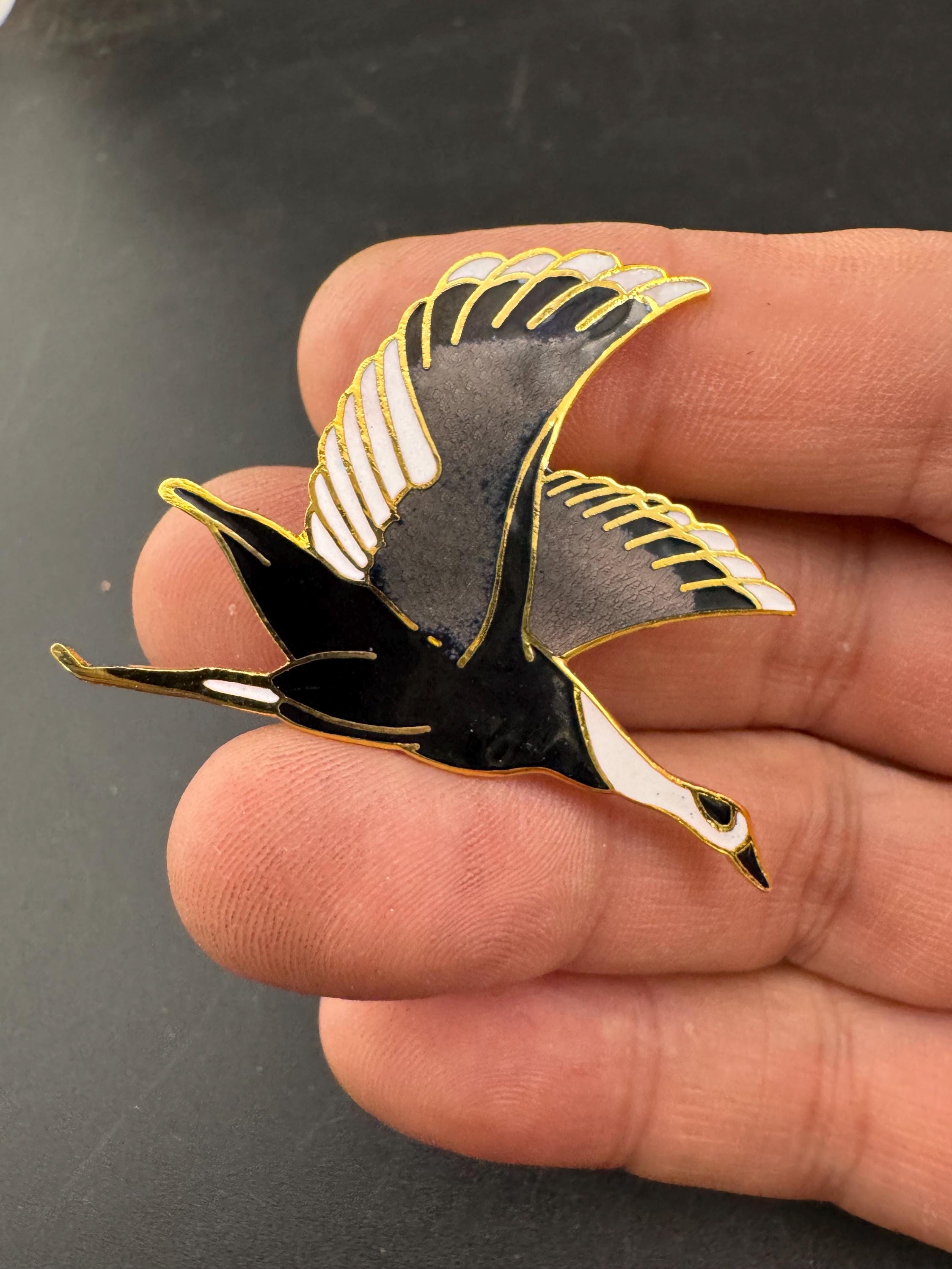 1980s Japanese Cloisonné Crane Brooch: Grey, Black & Gold Tone