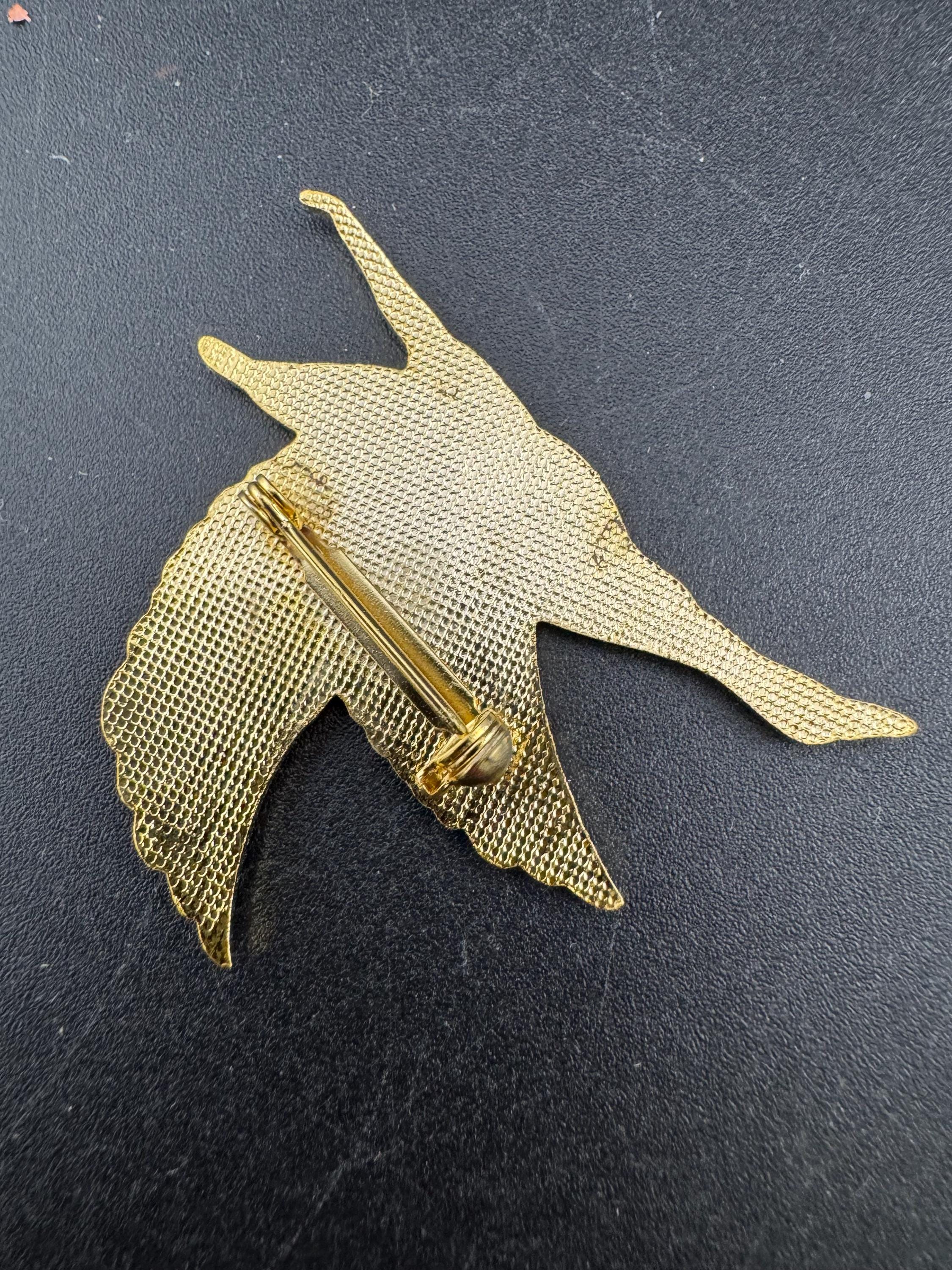 1980s Japanese Cloisonné Crane Brooch: Grey, Black & Gold Tone