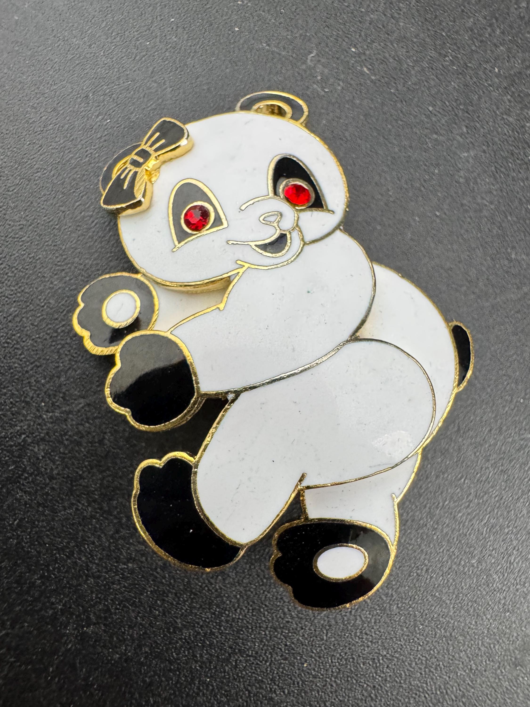 1980s Panda Bear Cloisonné Brooch: Gold Tone Enamel, Unused
