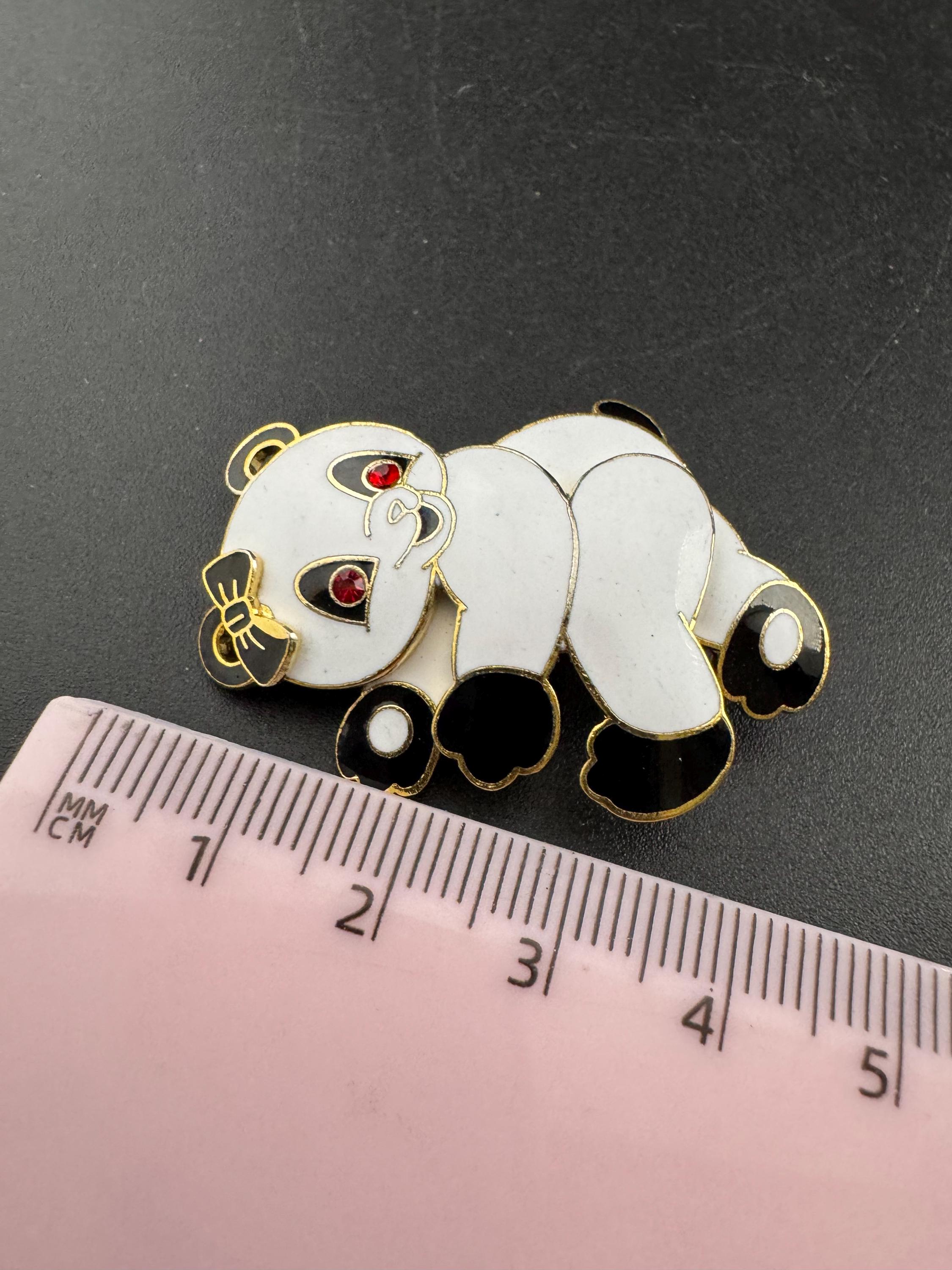 1980s Panda Bear Cloisonné Brooch: Gold Tone Enamel, Unused